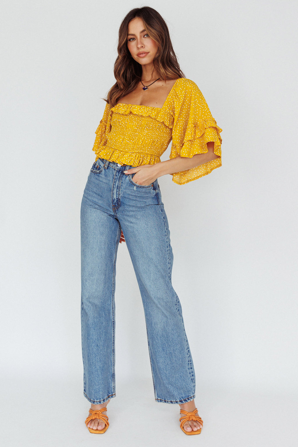 Boardwalk Bell Sleeve Crop Top Spotty Mustard by Selfie Leslie