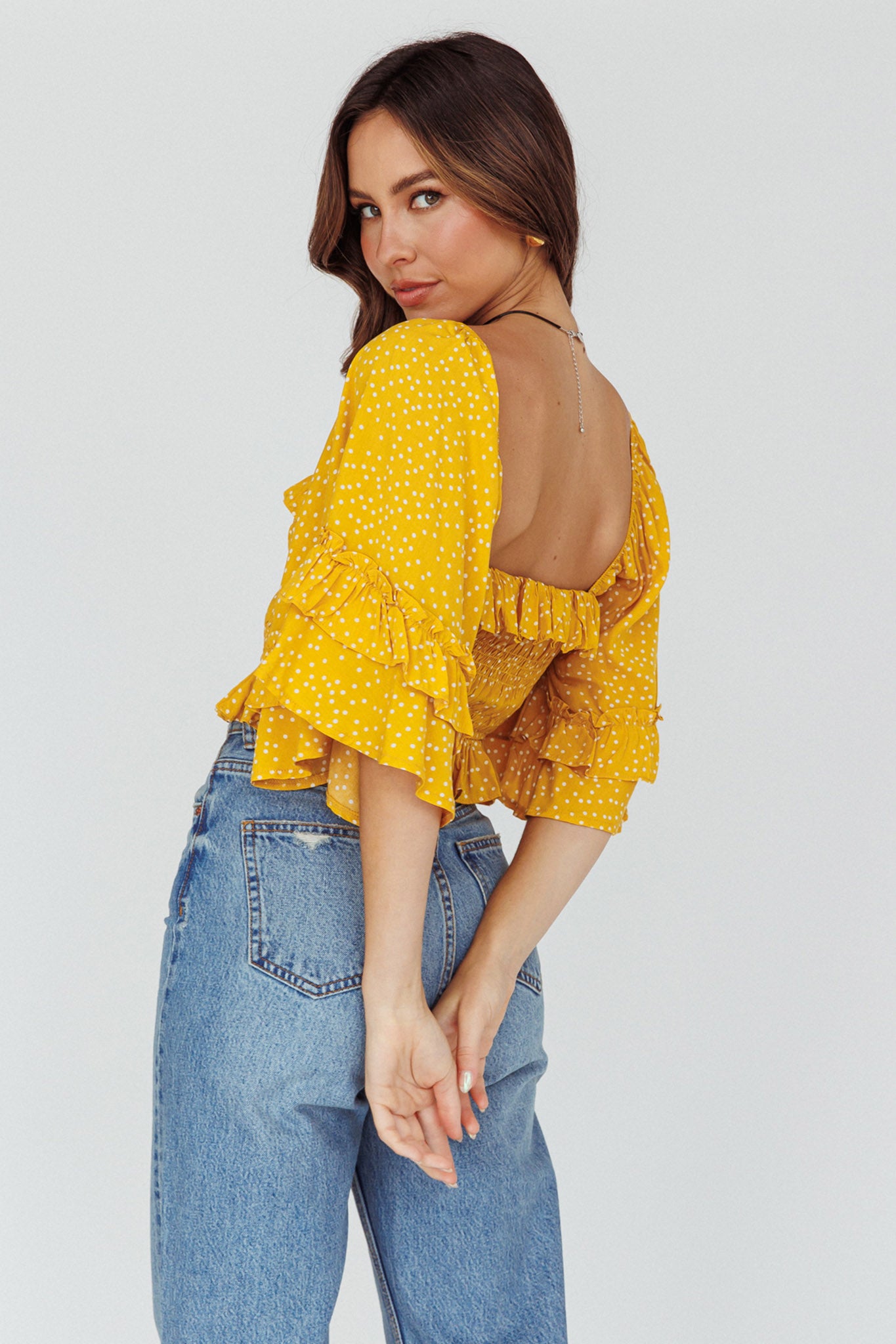 Boardwalk Bell Sleeve Crop Top Spotty Mustard by Selfie Leslie