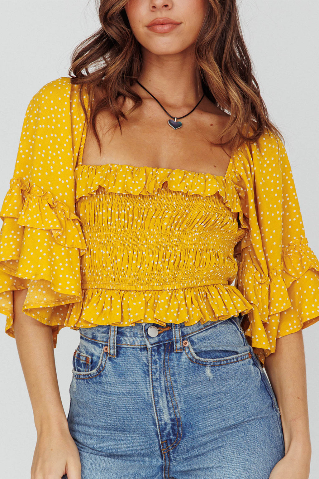 Boardwalk Bell Sleeve Crop Top Spotty Mustard by Selfie Leslie