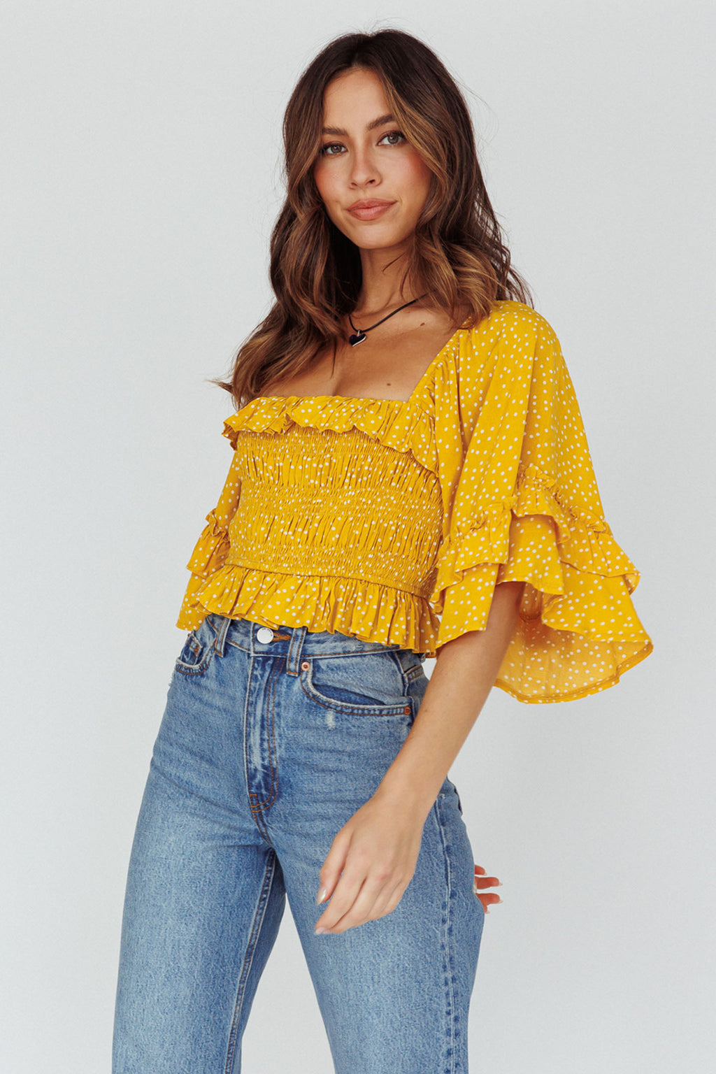 Boardwalk Bell Sleeve Crop Top Spotty Mustard by Selfie Leslie
