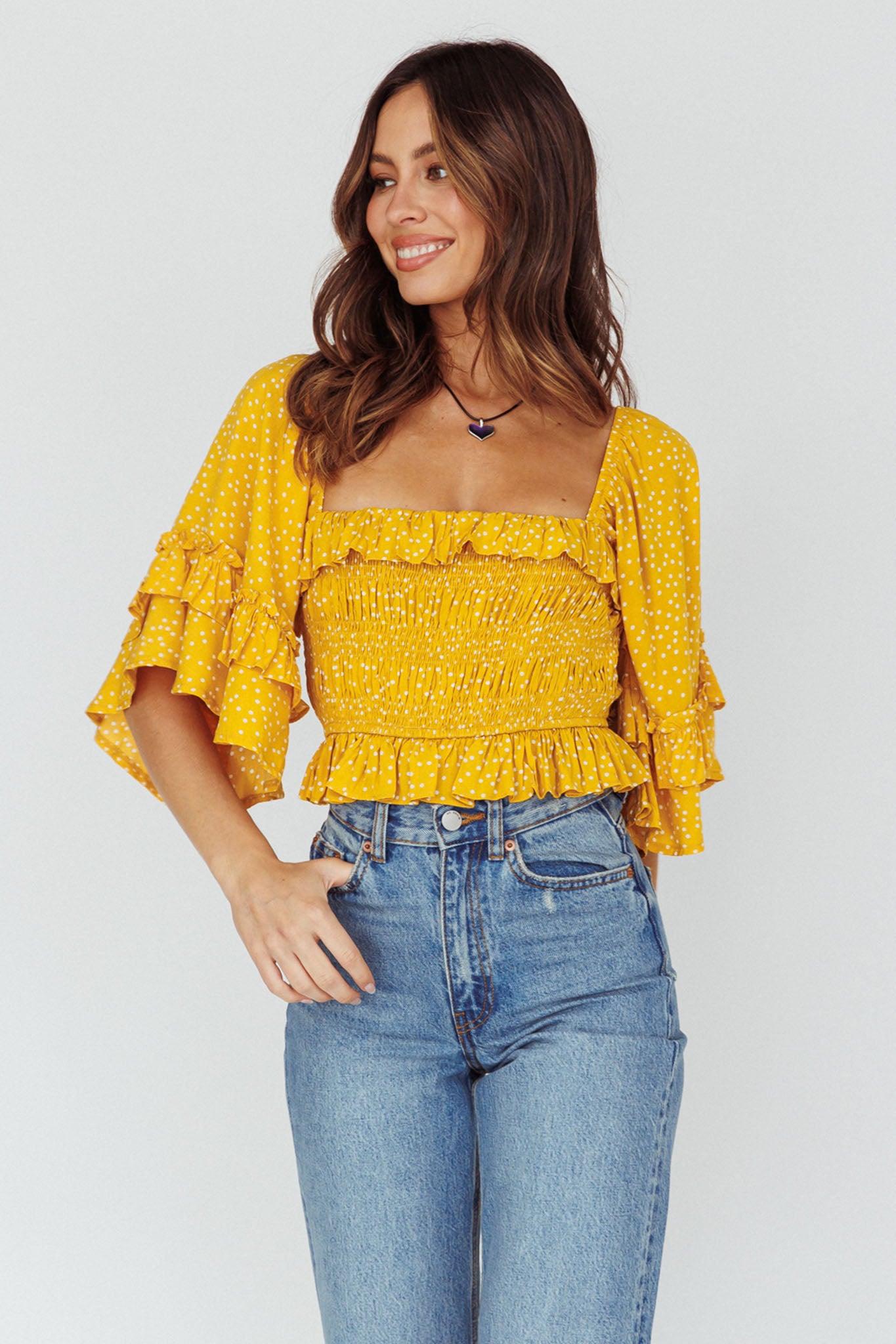 Boardwalk Bell Sleeve Crop Top Spotty Mustard by Selfie Leslie