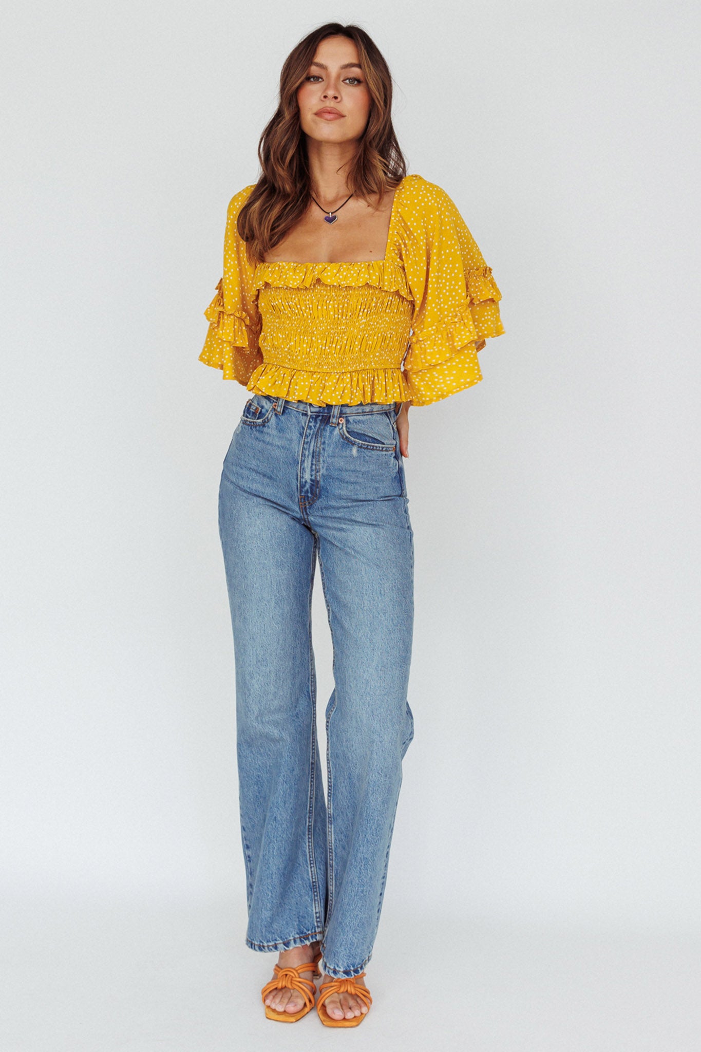 Boardwalk Bell Sleeve Crop Top Spotty Mustard by Selfie Leslie