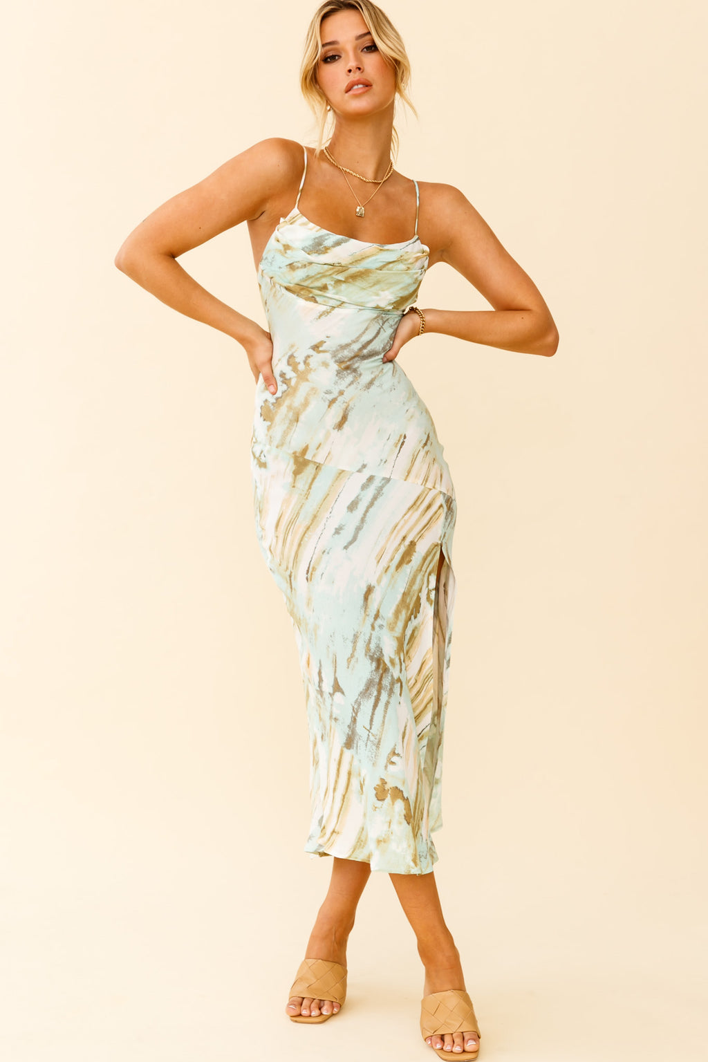 Well Versed Pleated Bust Front Split Dress Mint Multi by Selfie Leslie