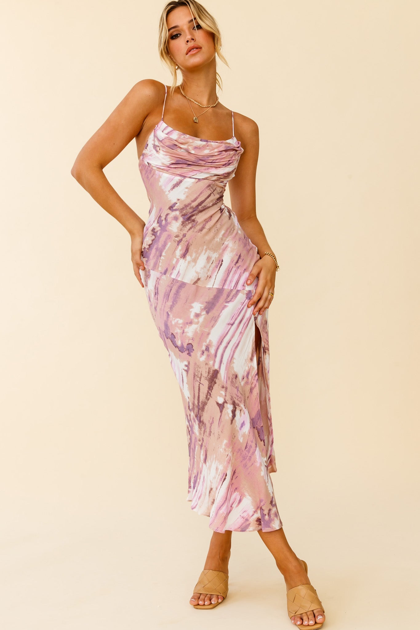 Well Versed Pleated Bust Front Split Dress Purple Multi by Selfie Leslie