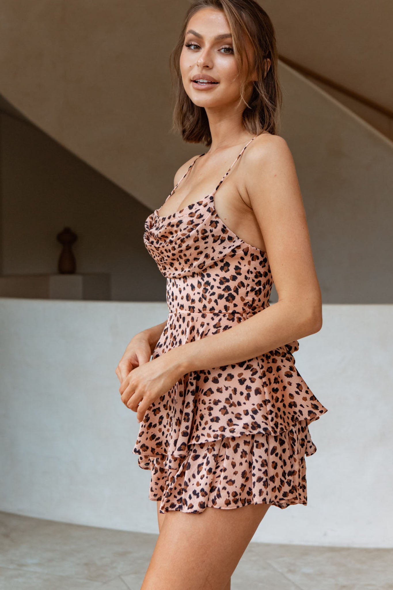 Well Versed Cowl Neck Flounce Romper Animal Print Blush by Selfie Leslie