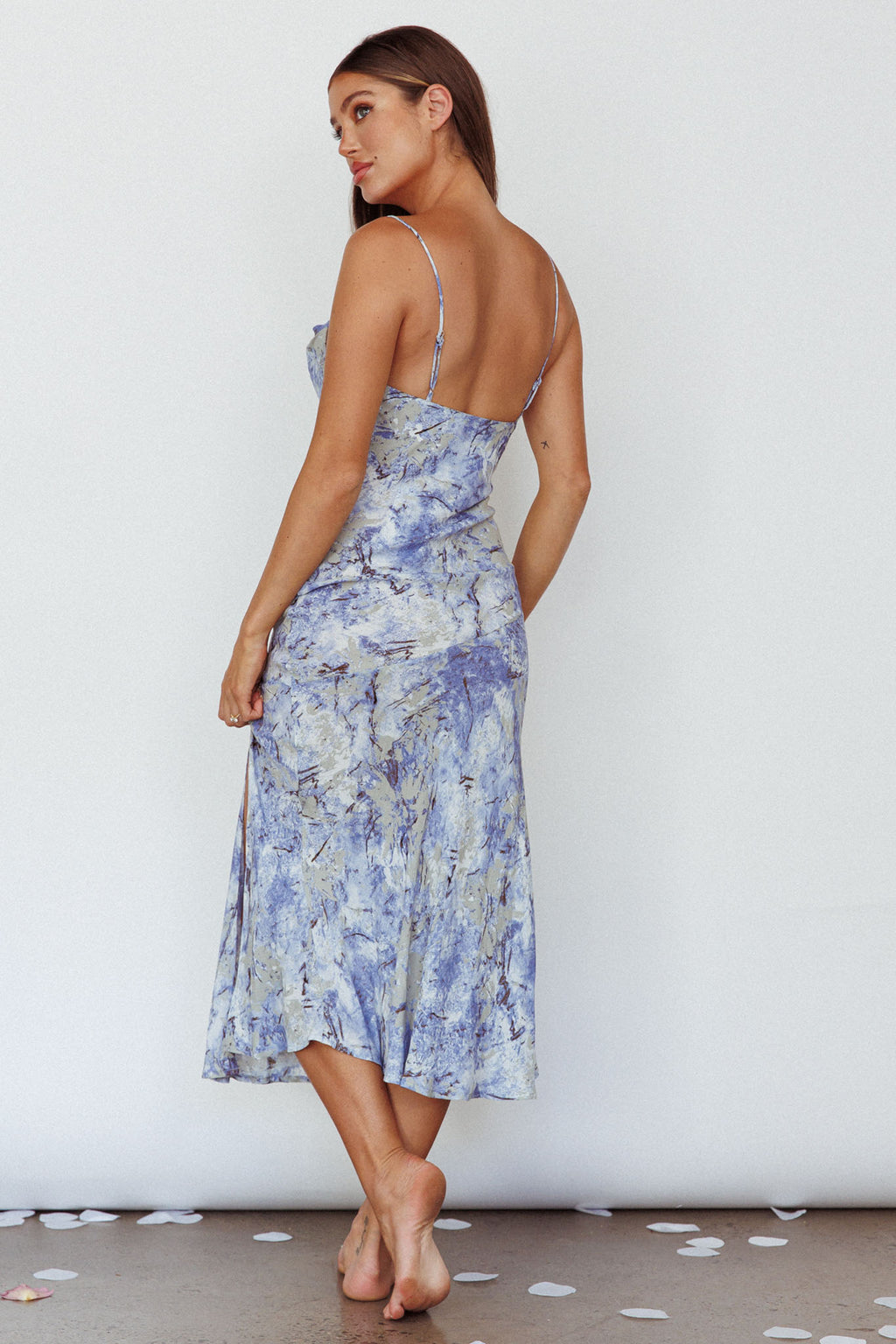 Well Versed Pleated Bust Front Split Dress Marble Print Blue by Selfie Leslie