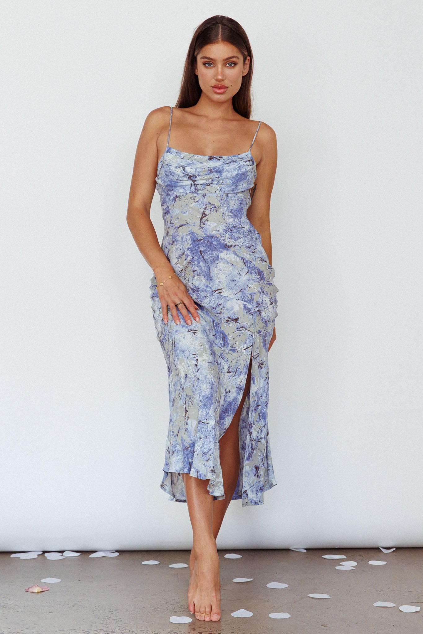Well Versed Pleated Bust Front Split Dress Marble Print Blue by Selfie Leslie