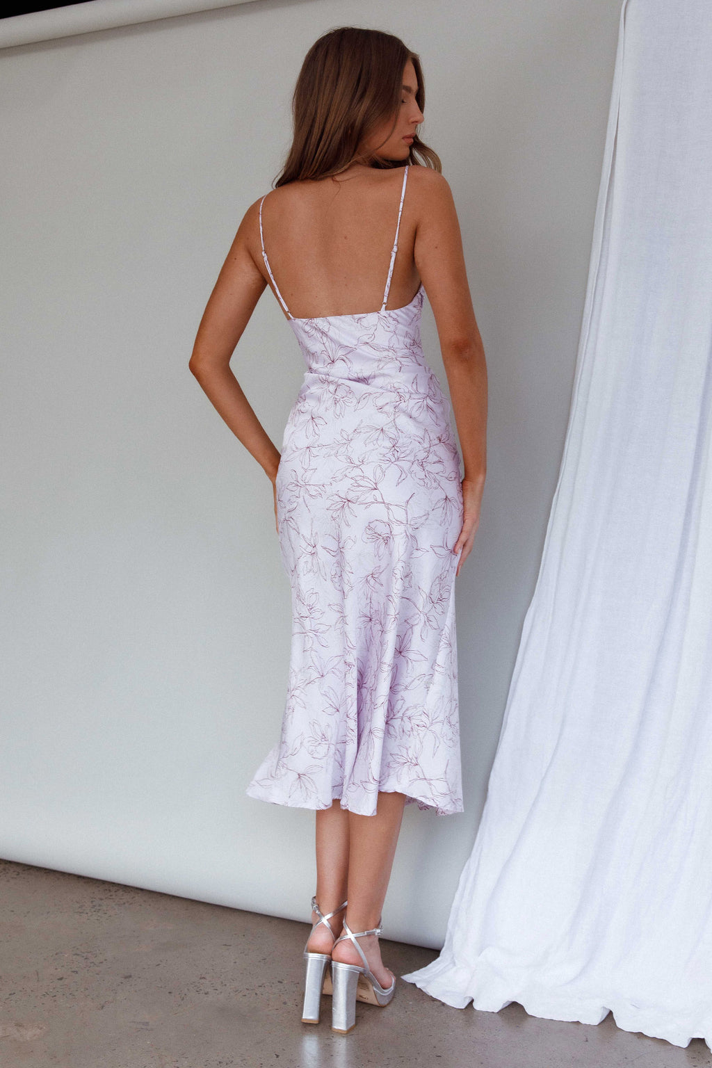 Well Versed Pleated Bust Front Split Dress Flowers Lavender by Selfie Leslie