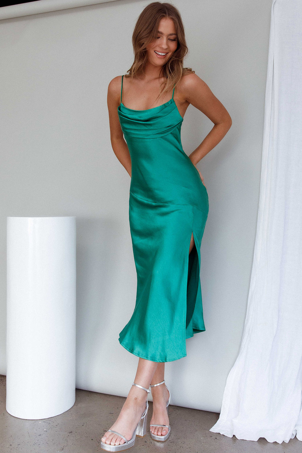 Well Versed Pleated Bust Front Split Dress Green by Selfie Leslie
