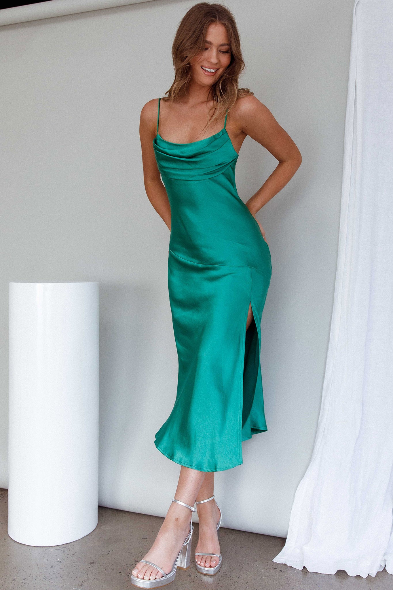 Well Versed Pleated Bust Front Split Dress Green by Selfie Leslie
