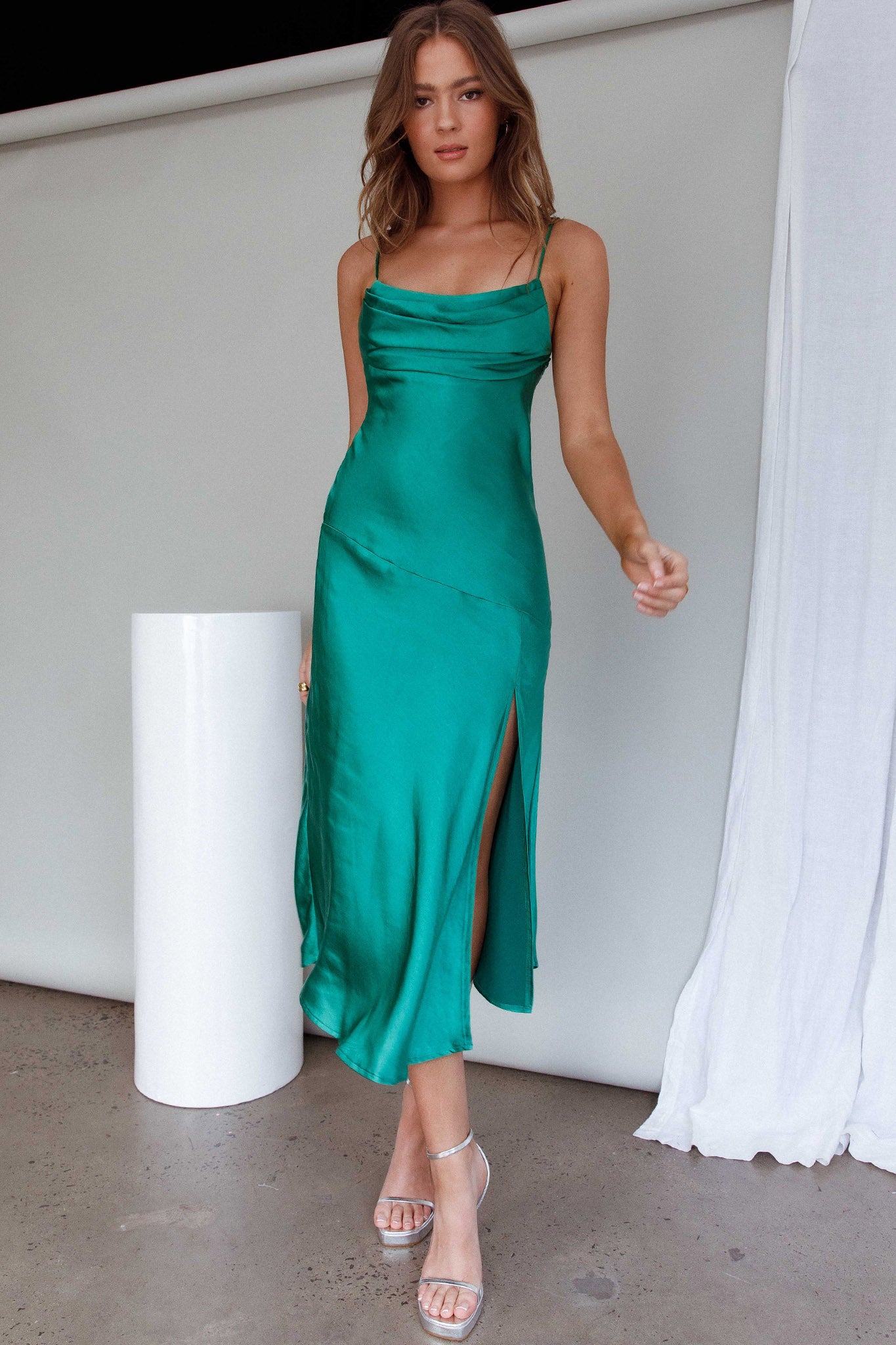 Well Versed Pleated Bust Front Split Dress Green by Selfie Leslie