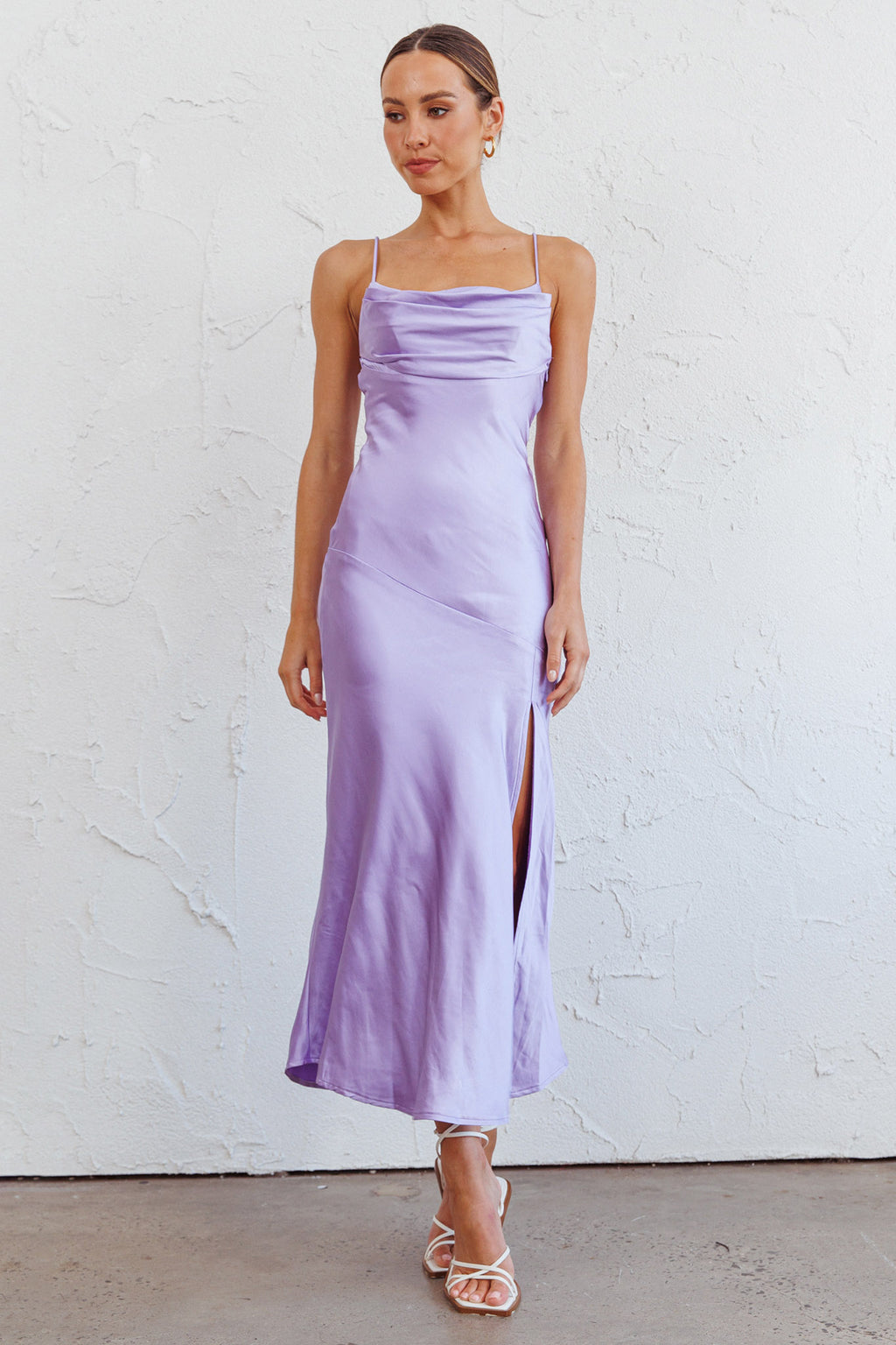 Well Versed Pleated Bust Front Split Dress Lavender by Selfie Leslie