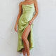 Well Versed Pleated Bust Front Split Dress Satin Lime