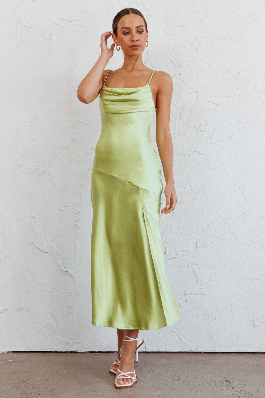Well Versed Pleated Bust Front Split Dress Satin Lime by Selfie Leslie