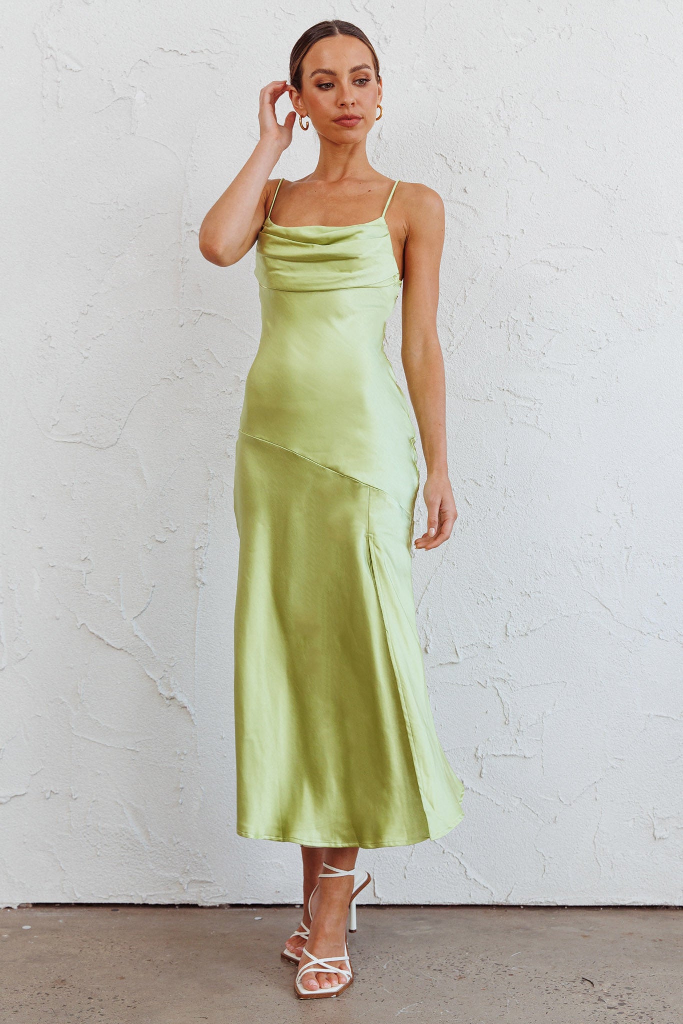 Well Versed Pleated Bust Front Split Dress Satin Lime by Selfie Leslie