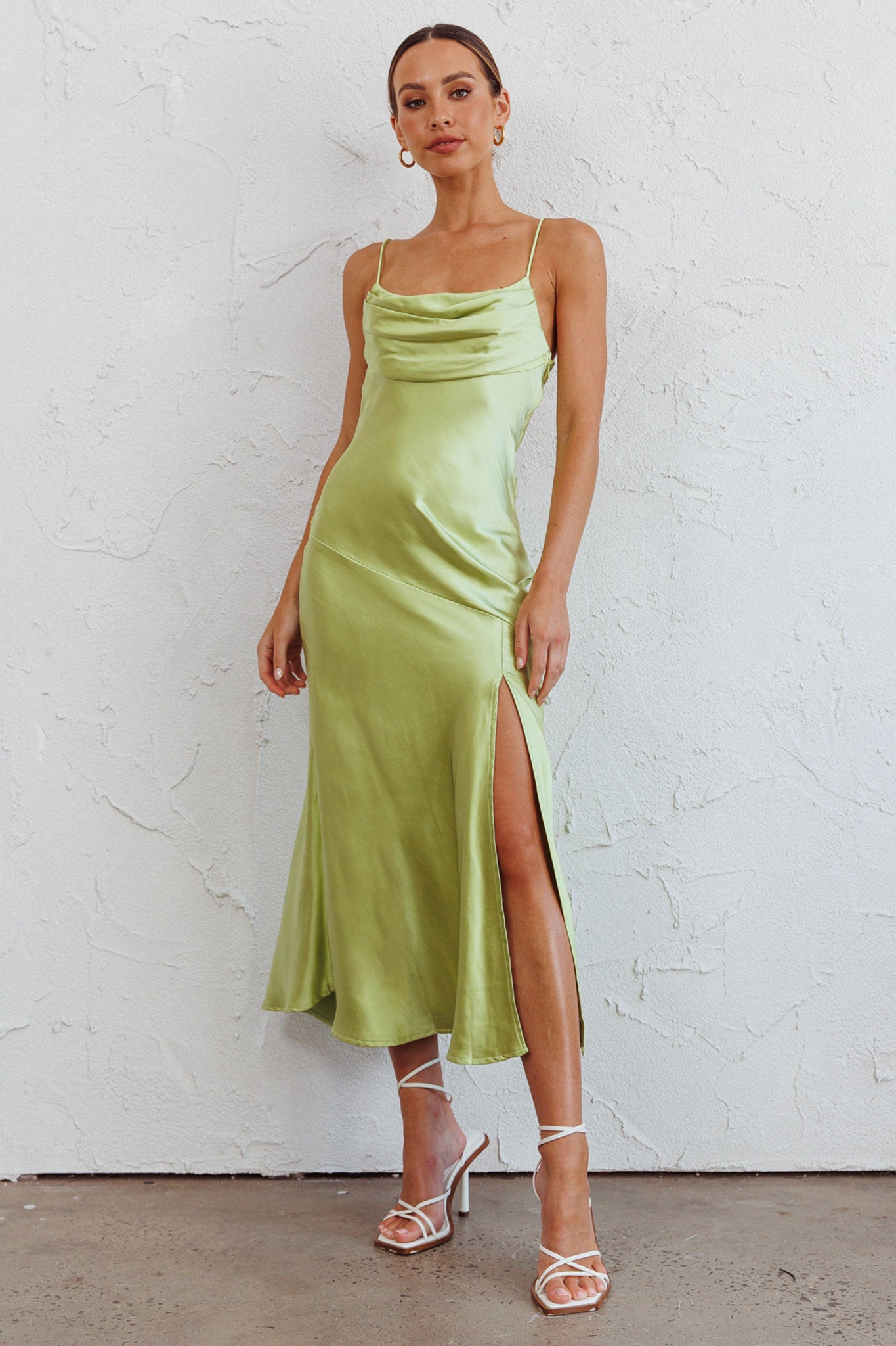 Well Versed Pleated Bust Front Split Dress Satin Lime by Selfie Leslie