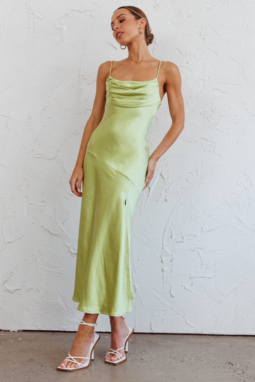 Well Versed Pleated Bust Front Split Dress Satin Lime by Selfie Leslie