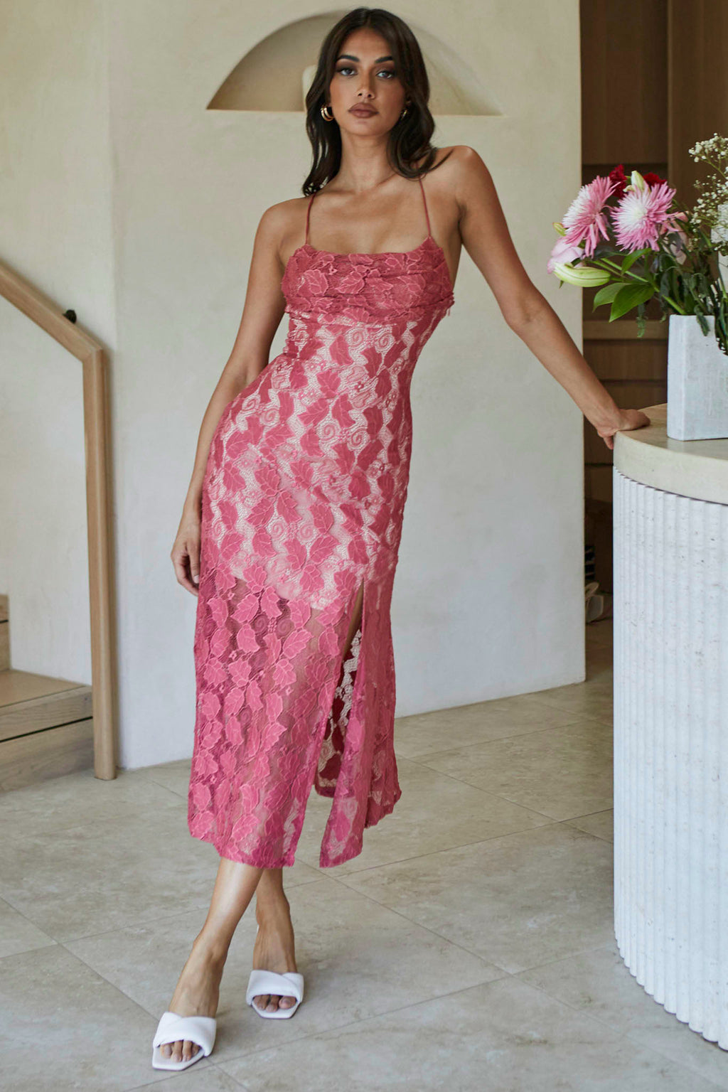 Well Versed Pleated Bust Front Split Dress Lace Rose by Selfie Leslie