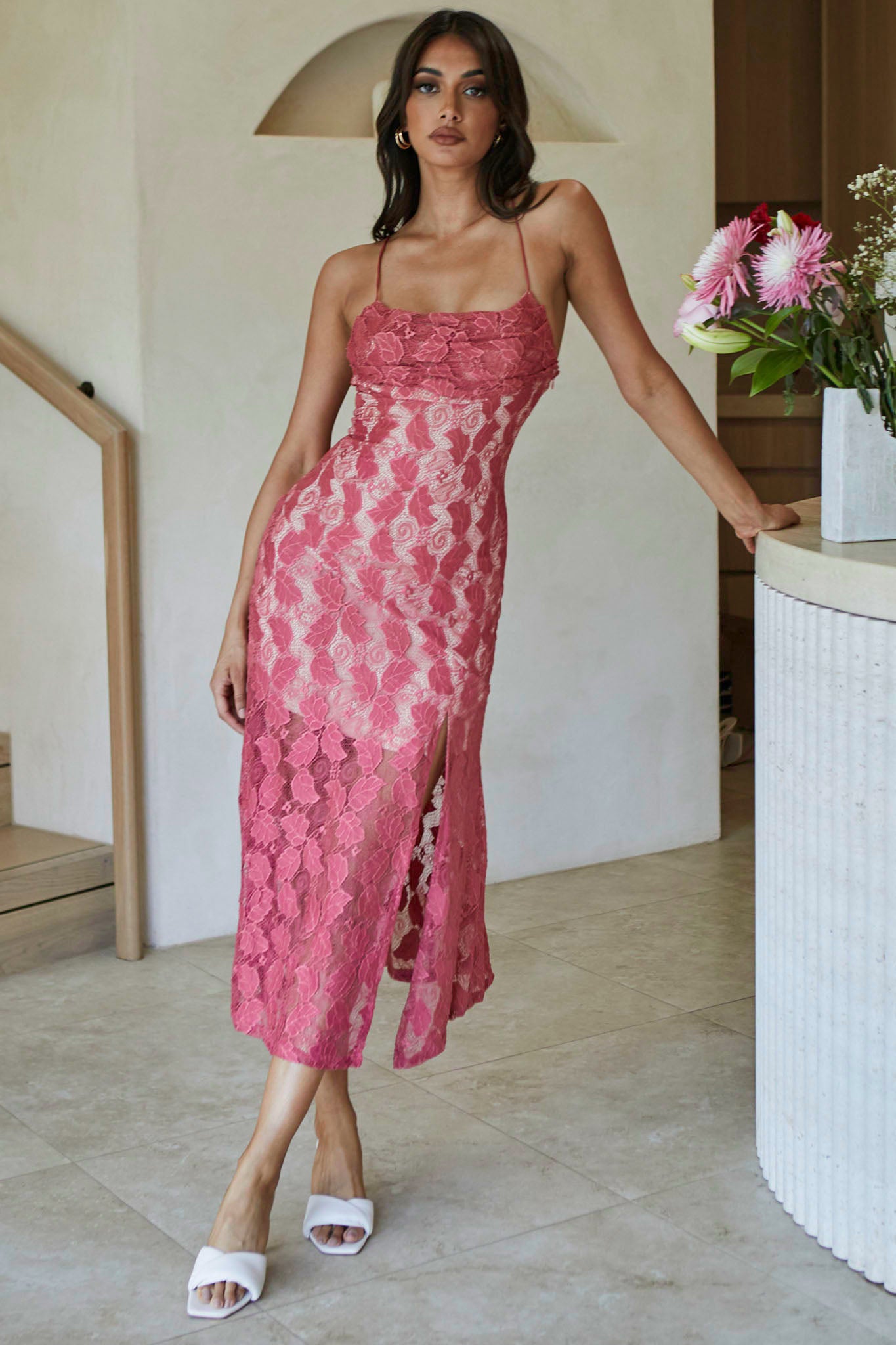 Well Versed Pleated Bust Front Split Dress Lace Rose by Selfie Leslie