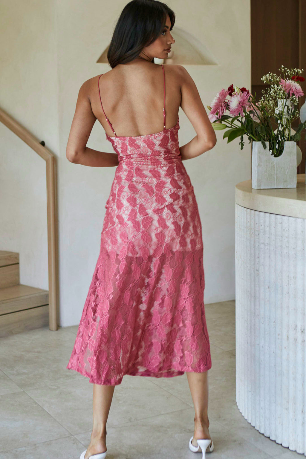 Well Versed Pleated Bust Front Split Dress Lace Rose by Selfie Leslie