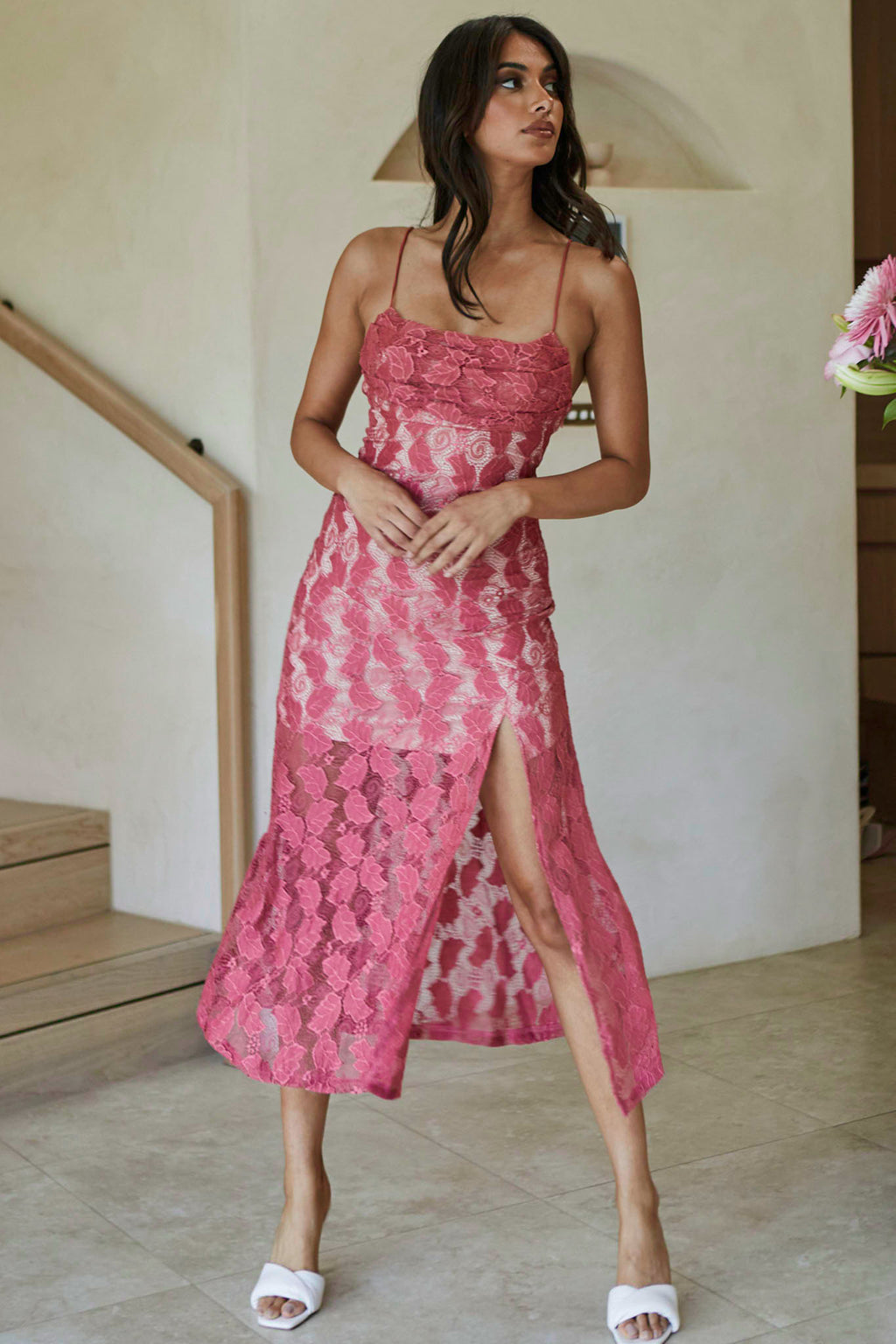 Well Versed Pleated Bust Front Split Dress Lace Rose by Selfie Leslie
