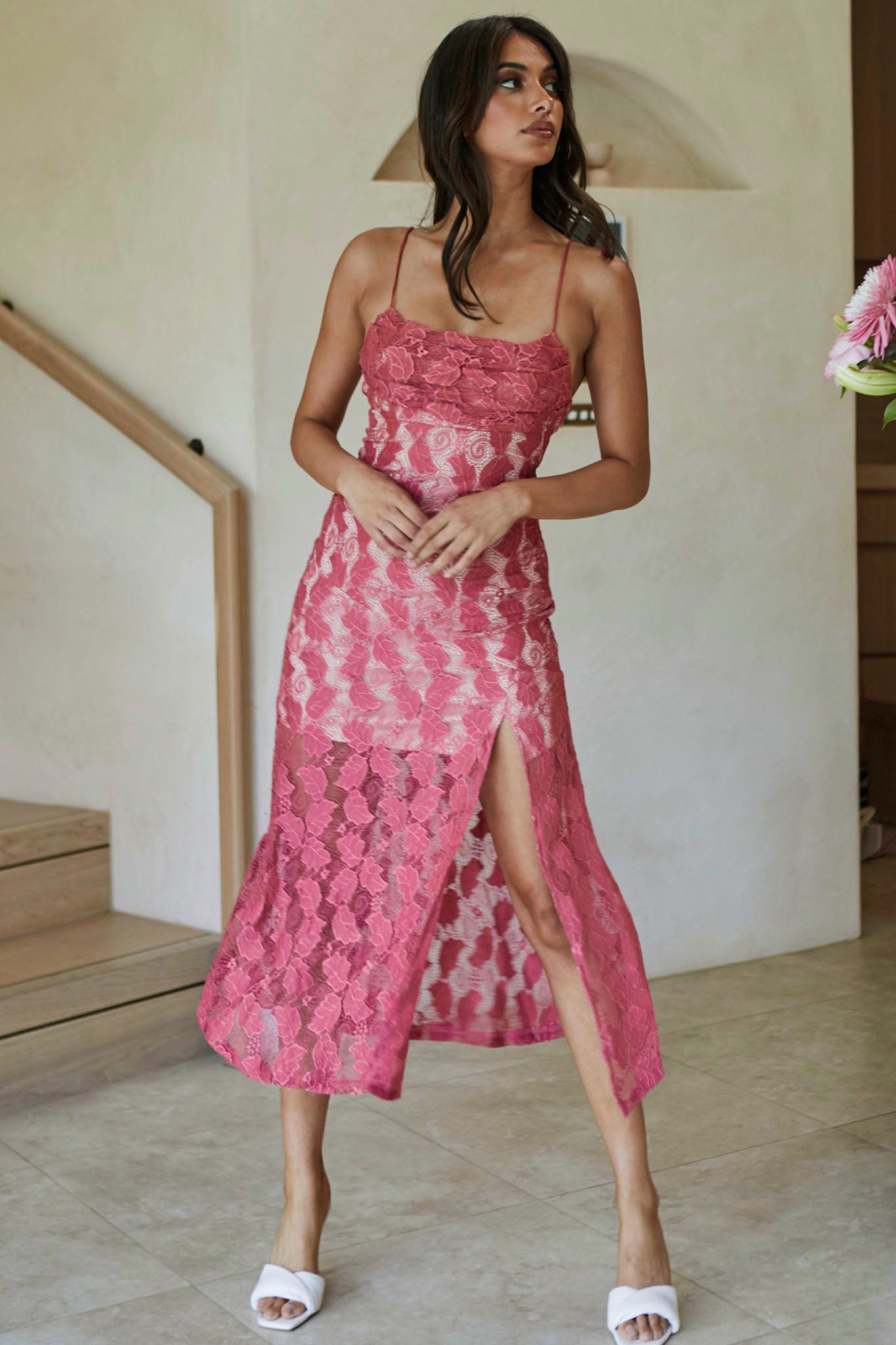 Well Versed Pleated Bust Front Split Dress Lace Rose by Selfie Leslie