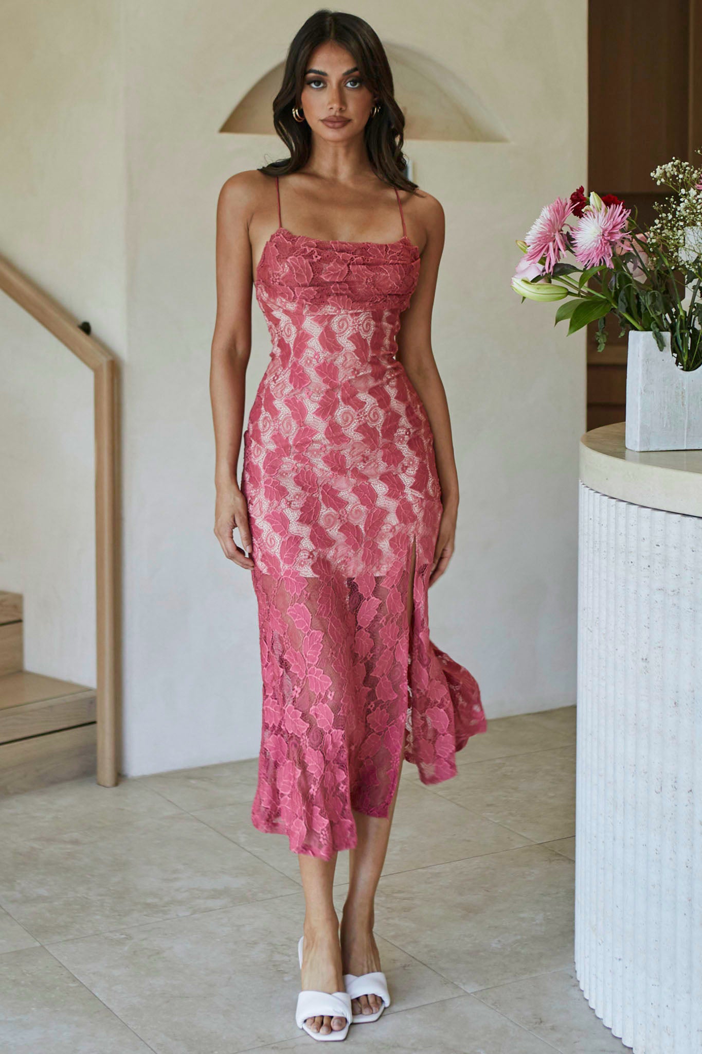 Well Versed Pleated Bust Front Split Dress Lace Rose by Selfie Leslie