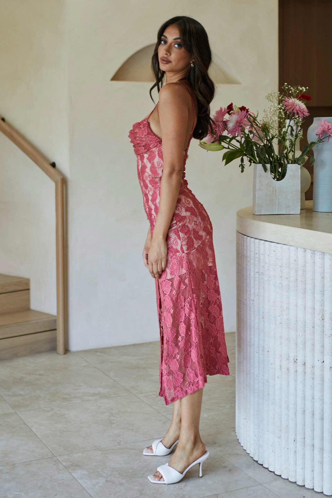 Well Versed Pleated Bust Front Split Dress Lace Rose by Selfie Leslie