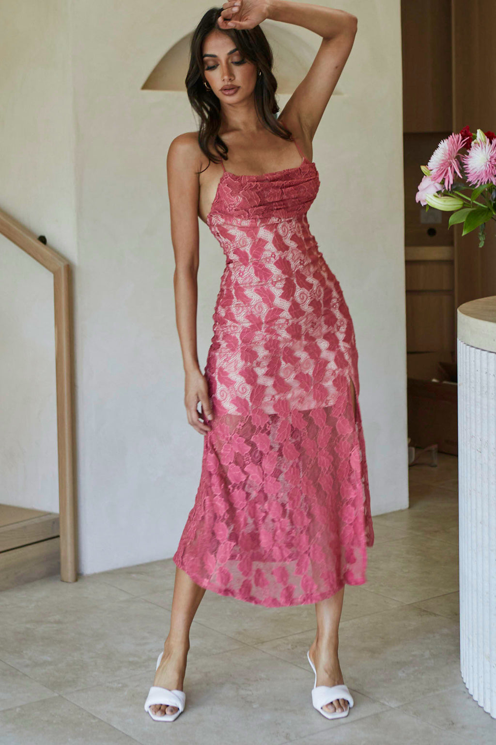 Well Versed Pleated Bust Front Split Dress Lace Rose by Selfie Leslie