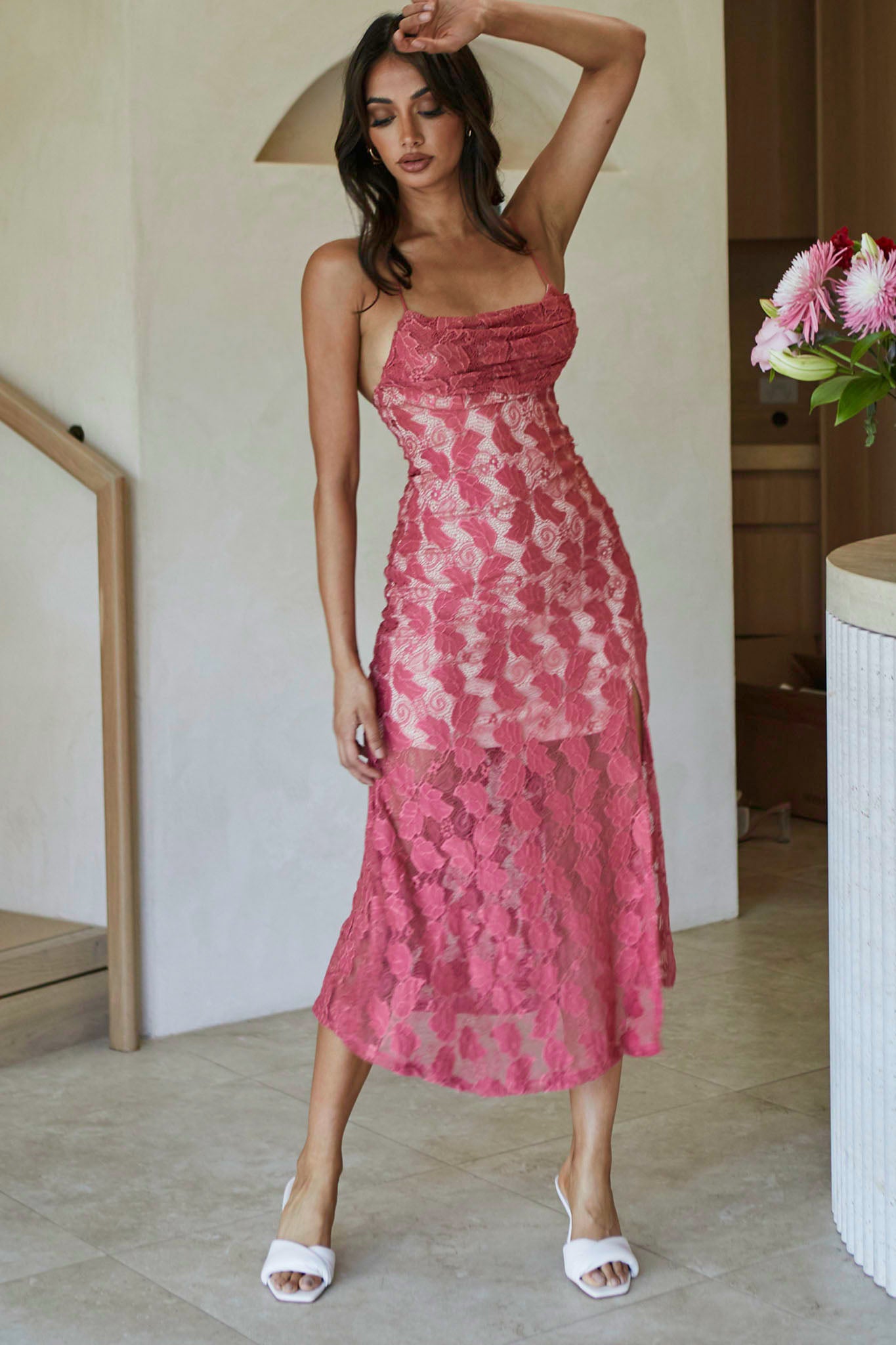 Well Versed Pleated Bust Front Split Dress Lace Rose by Selfie Leslie