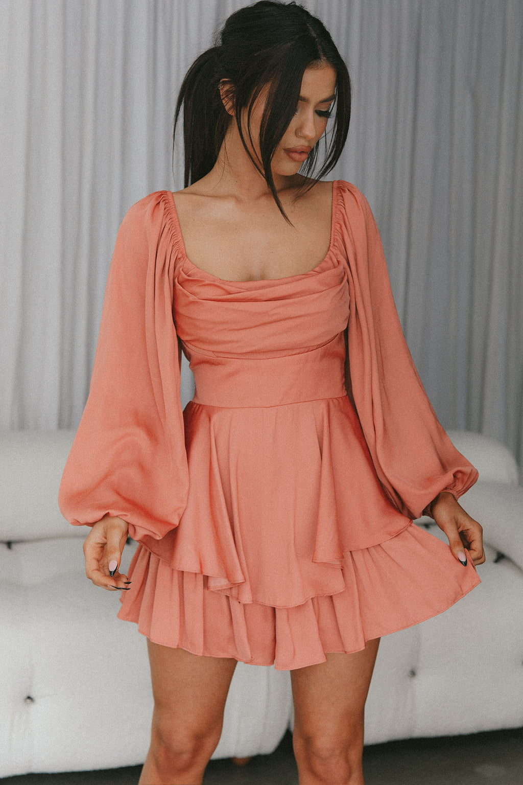 Well Versed Long Sleeve Flounce Romper Rose by Selfie Leslie