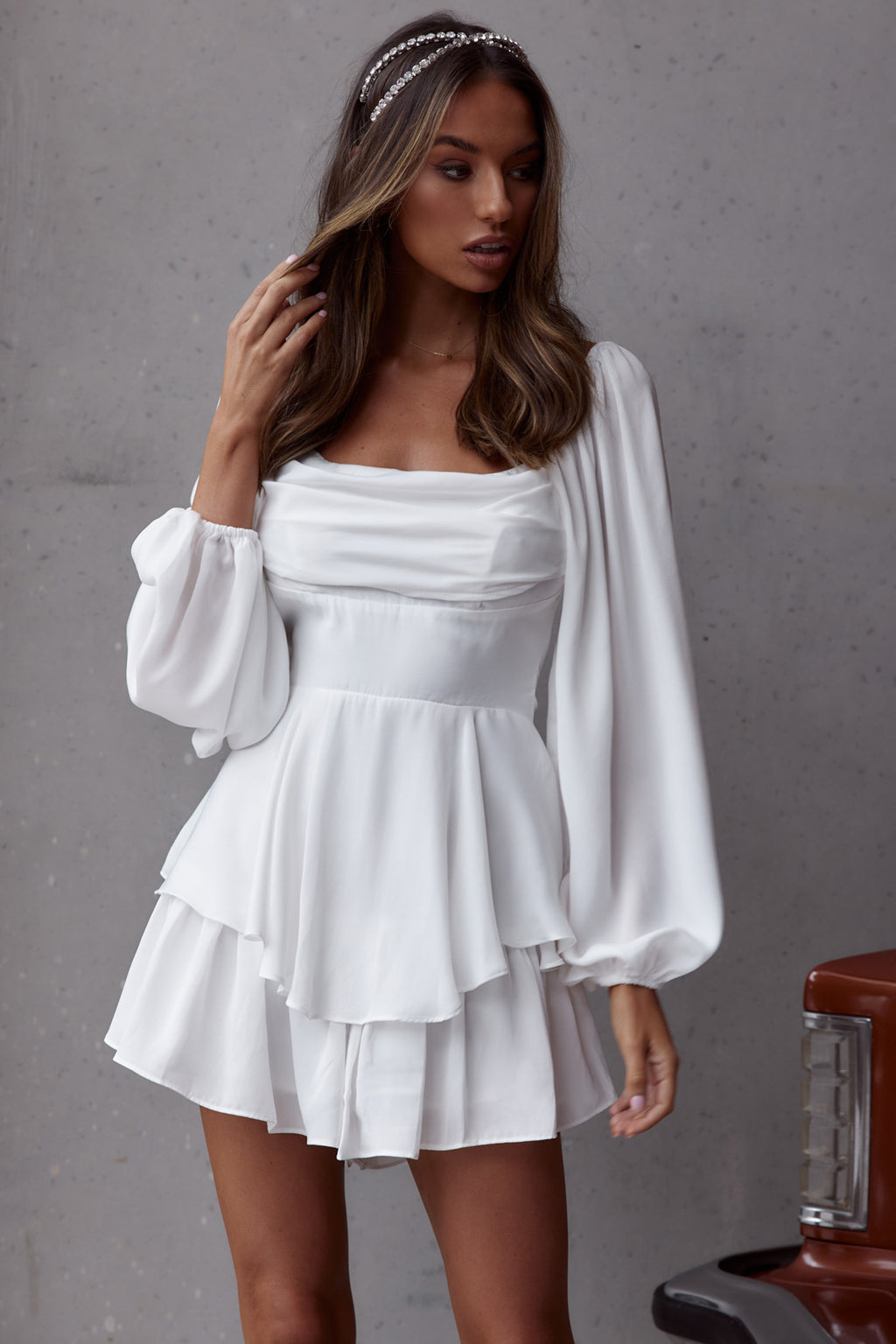 Well Versed Long Sleeve Flounce Romper White by Selfie Leslie
