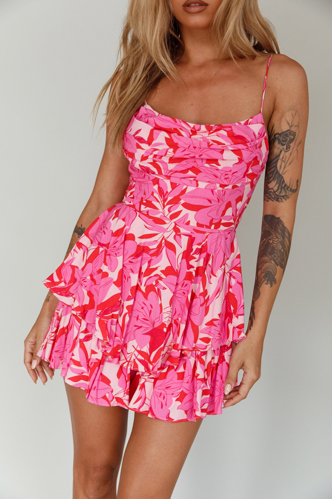 Well Versed Cowl Neckline Flounce Romper Lily Pink by Selfie Leslie