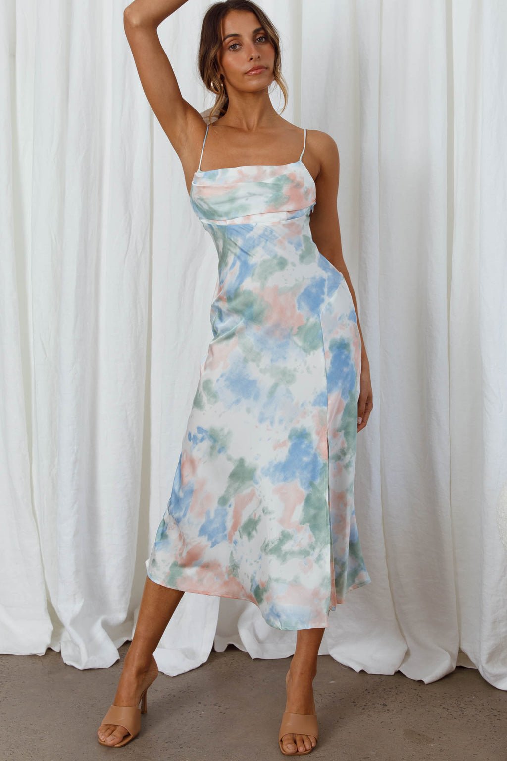 Well Versed Pleated Bust Front Split Dress Watercolor Green by Selfie Leslie