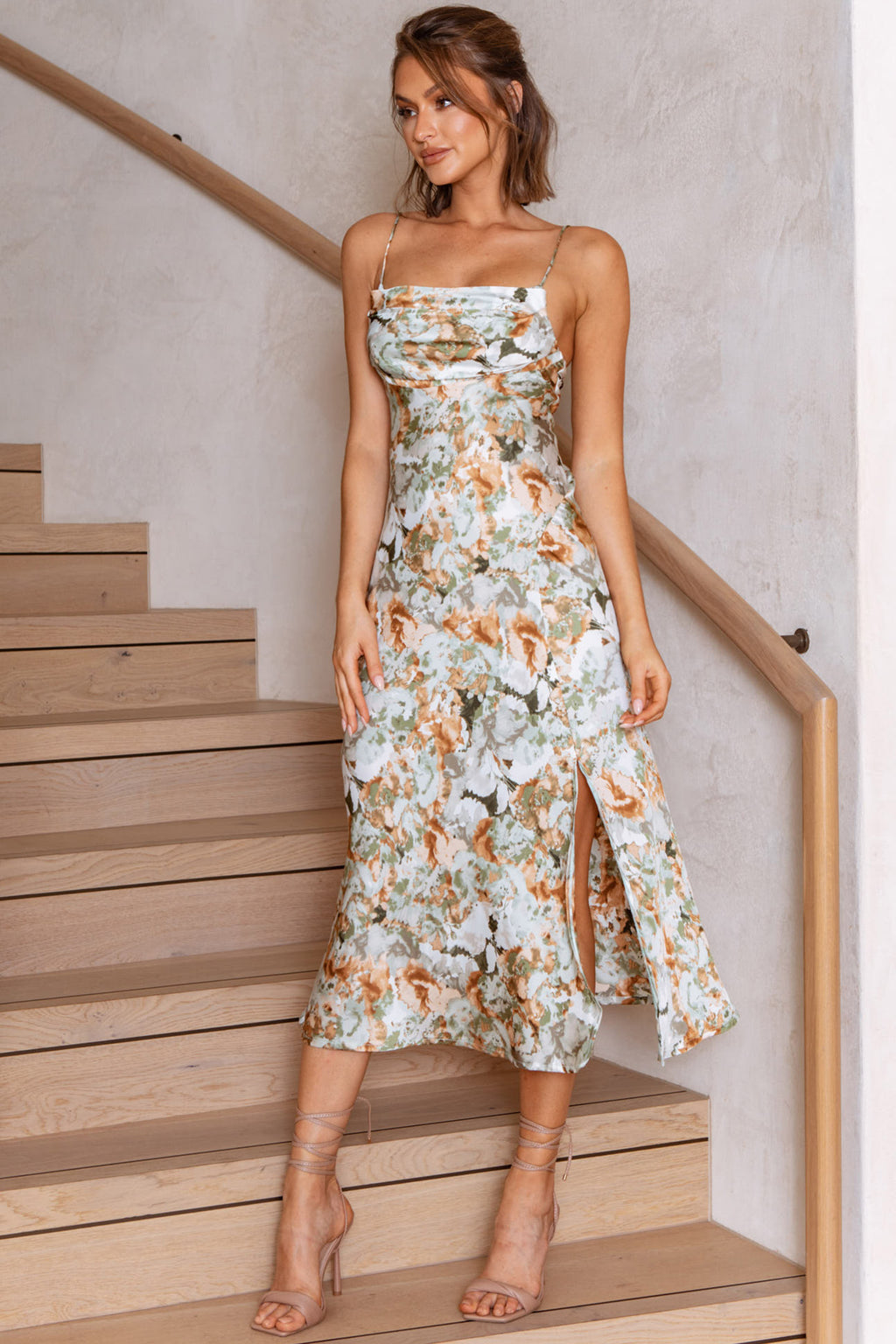Well Versed Pleated Bust Front Split Dress Floral Abstract Print Sage by Selfie Leslie