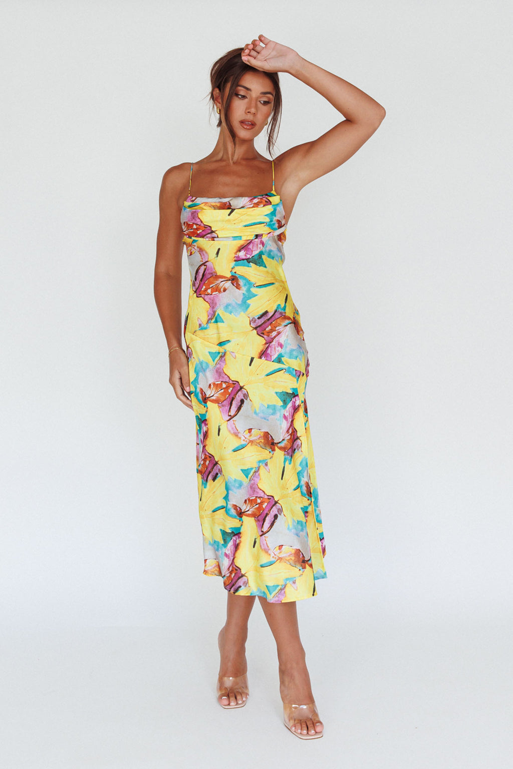 Well Versed Pleated Bust Front Split Dress Leaf Print Yellow by Selfie Leslie