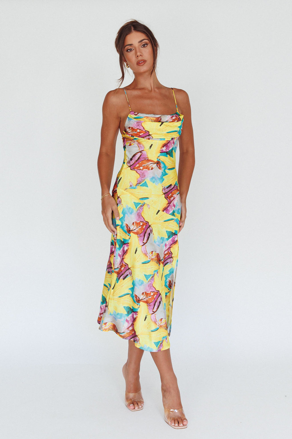 Well Versed Pleated Bust Front Split Dress Leaf Print Yellow by Selfie Leslie