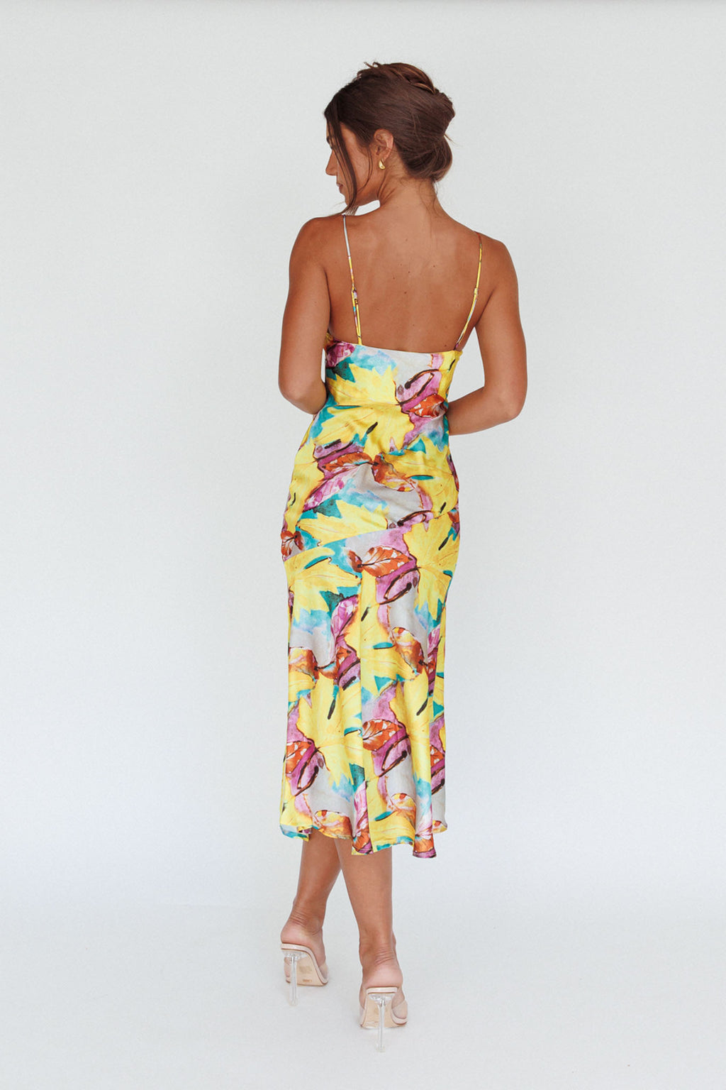 Well Versed Pleated Bust Front Split Dress Leaf Print Yellow by Selfie Leslie
