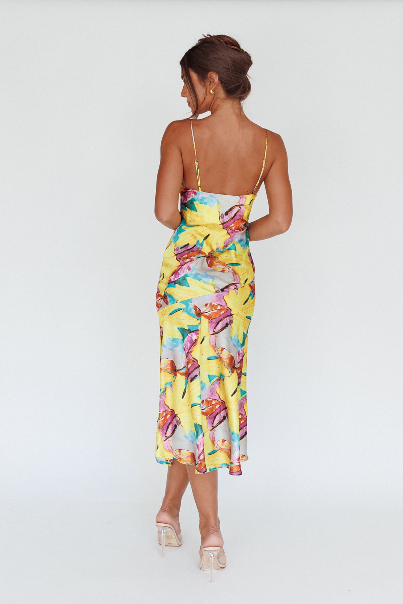 Well Versed Pleated Bust Front Split Dress Leaf Print Yellow by Selfie Leslie