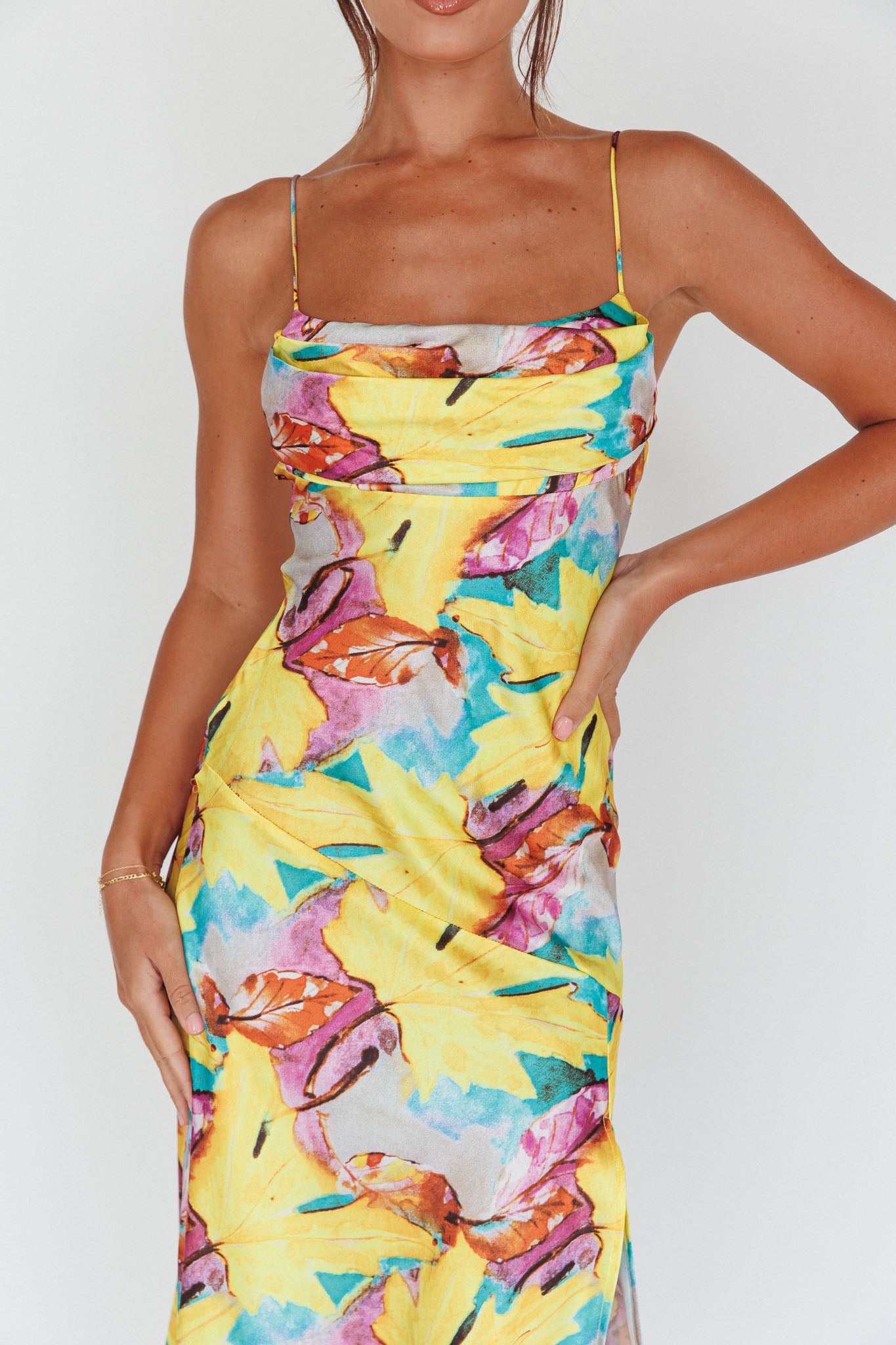 Well Versed Pleated Bust Front Split Dress Leaf Print Yellow by Selfie Leslie