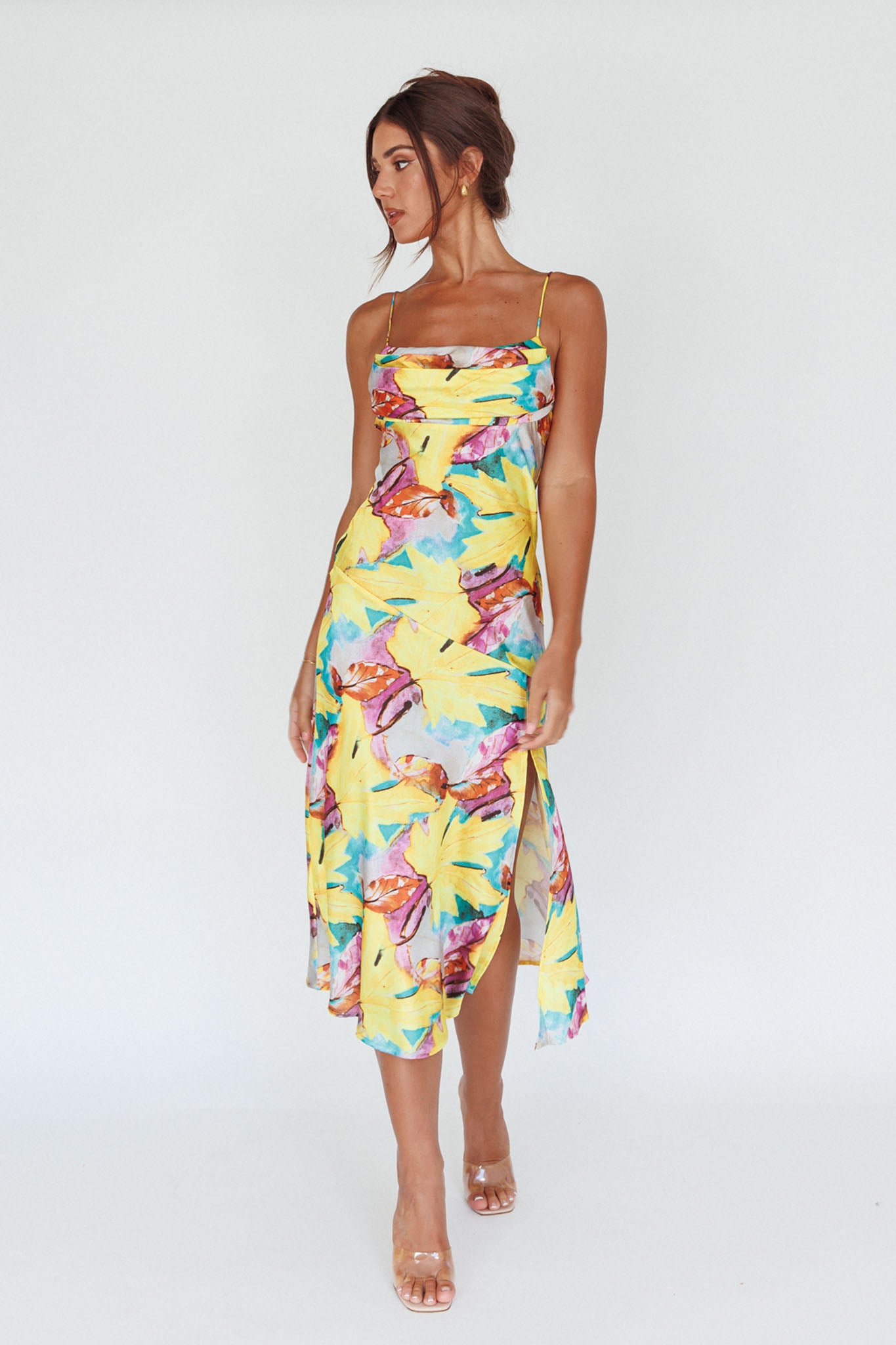 Well Versed Pleated Bust Front Split Dress Leaf Print Yellow by Selfie Leslie