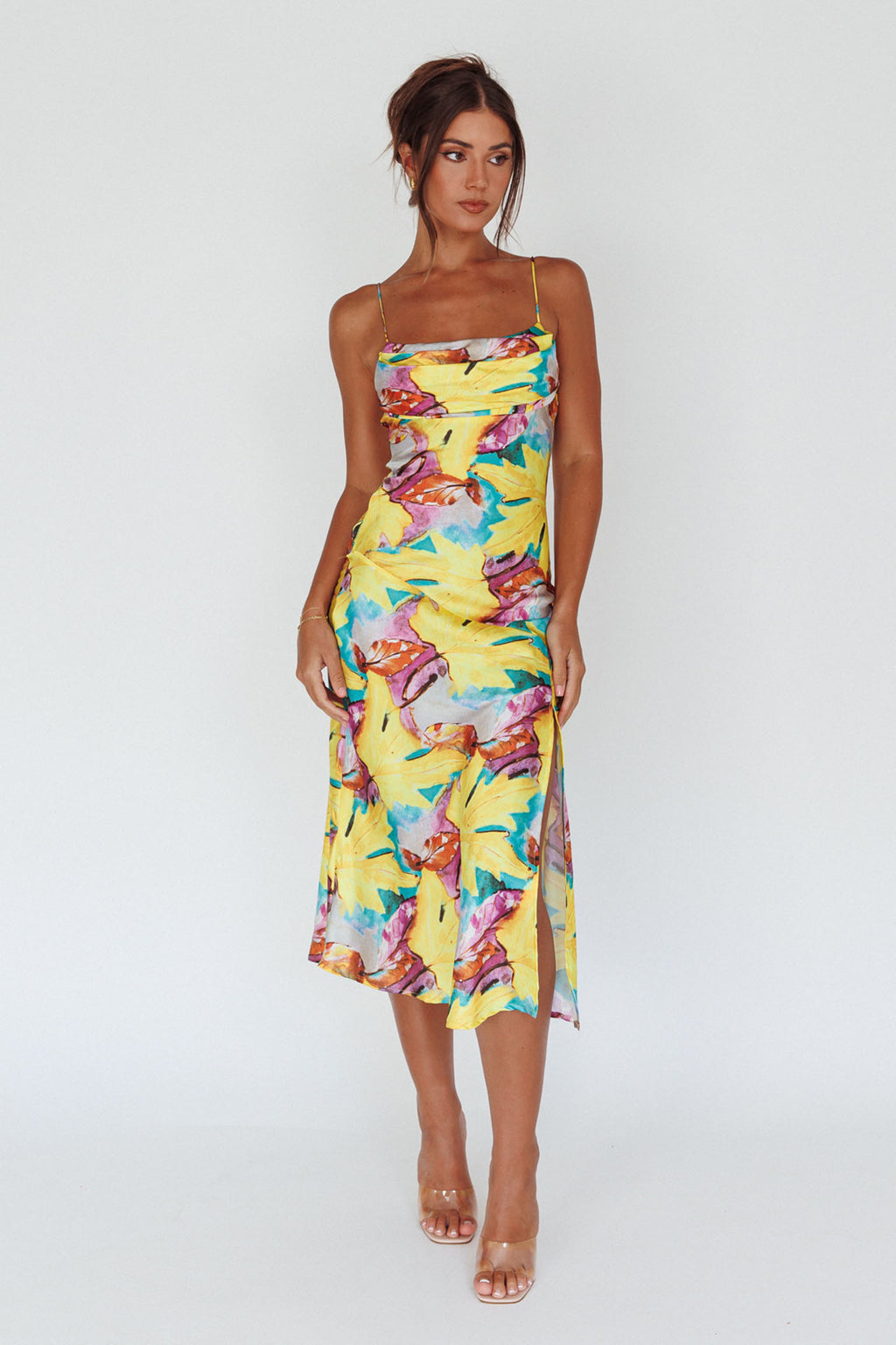 Well Versed Pleated Bust Front Split Dress Leaf Print Yellow by Selfie Leslie