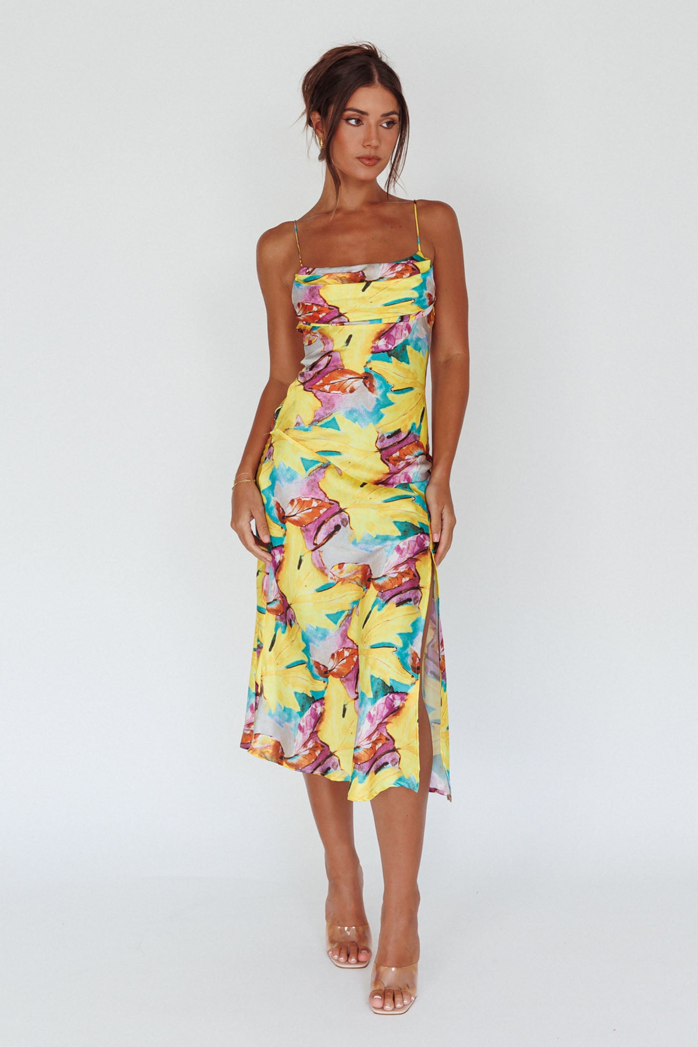 Well Versed Pleated Bust Front Split Dress Leaf Print Yellow by Selfie Leslie