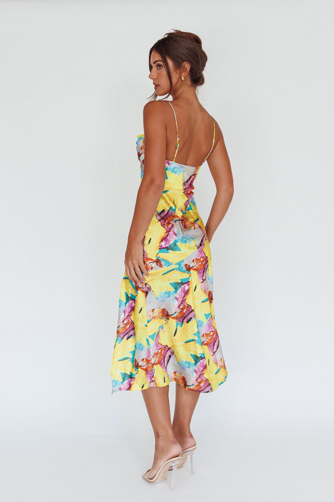 Well Versed Pleated Bust Front Split Dress Leaf Print Yellow by Selfie Leslie