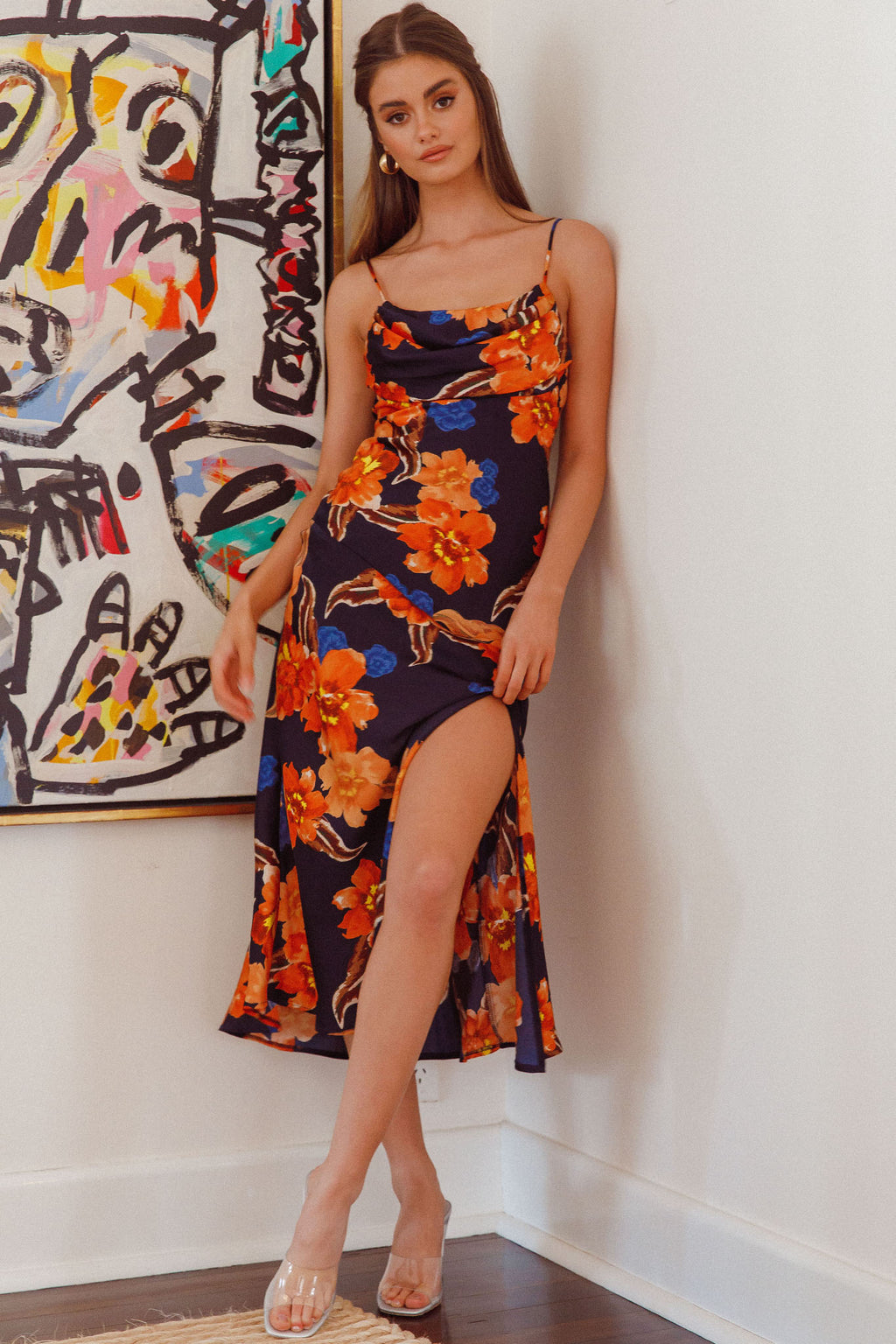 Well Versed Pleated Bust Front Split Dress Flower Orange by Selfie Leslie