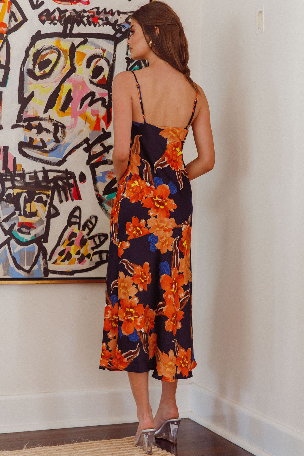 Well Versed Pleated Bust Front Split Dress Flower Orange by Selfie Leslie