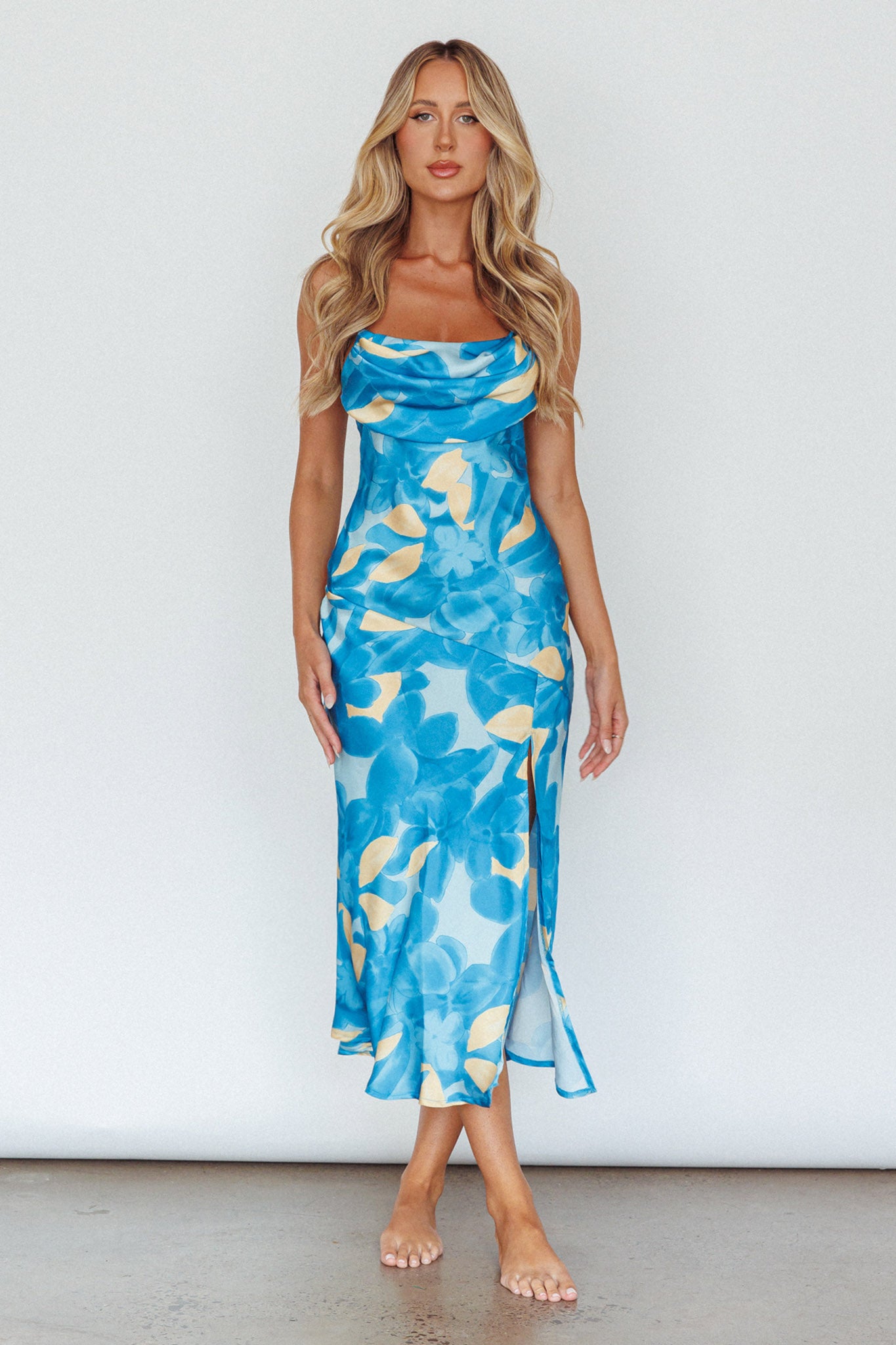 Well Versed Pleated Bust Front Split Dress Flora Blue by Selfie Leslie