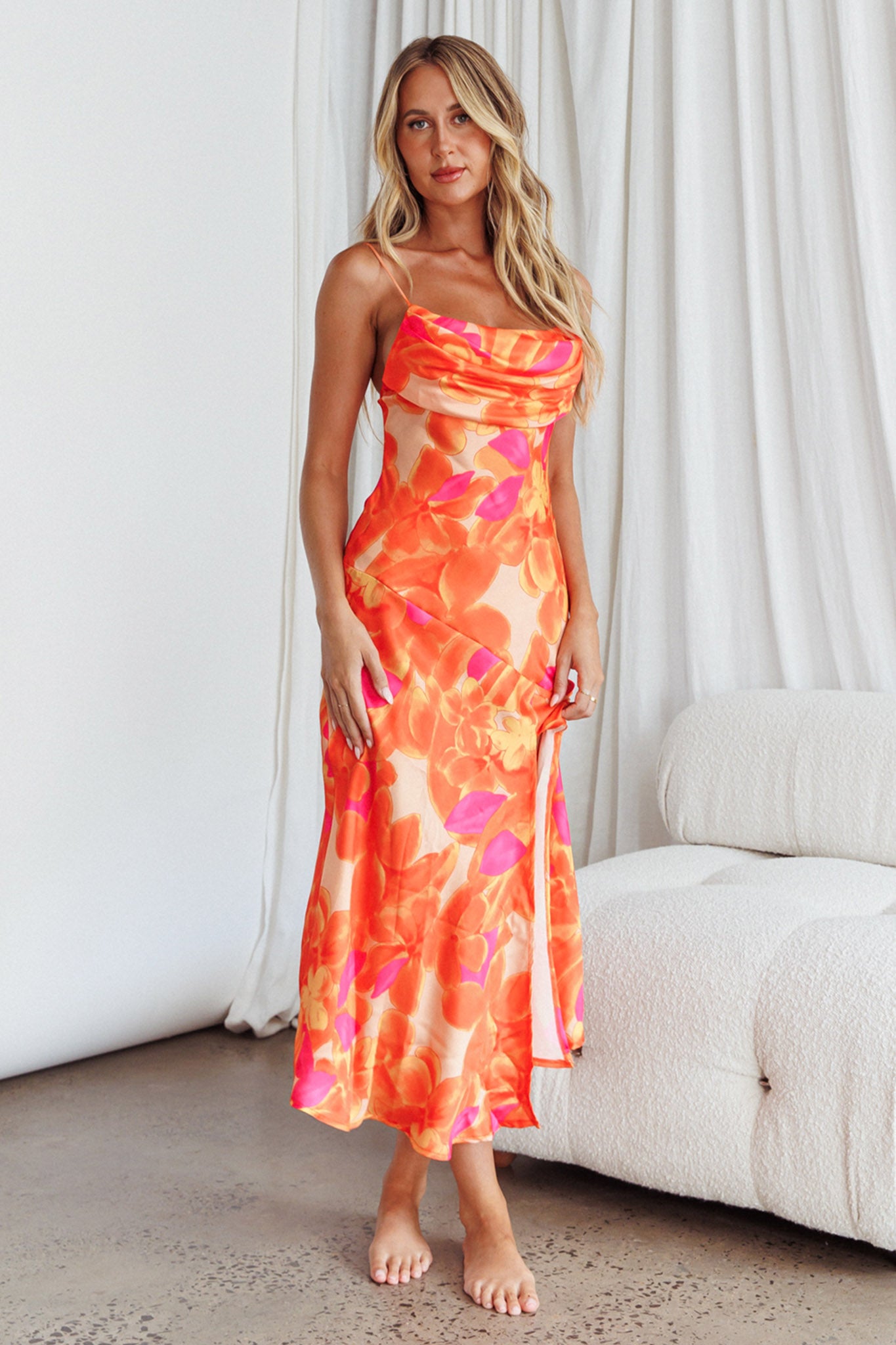 Well Versed Pleated Bust Front Split Dress Flora Orange by Selfie Leslie