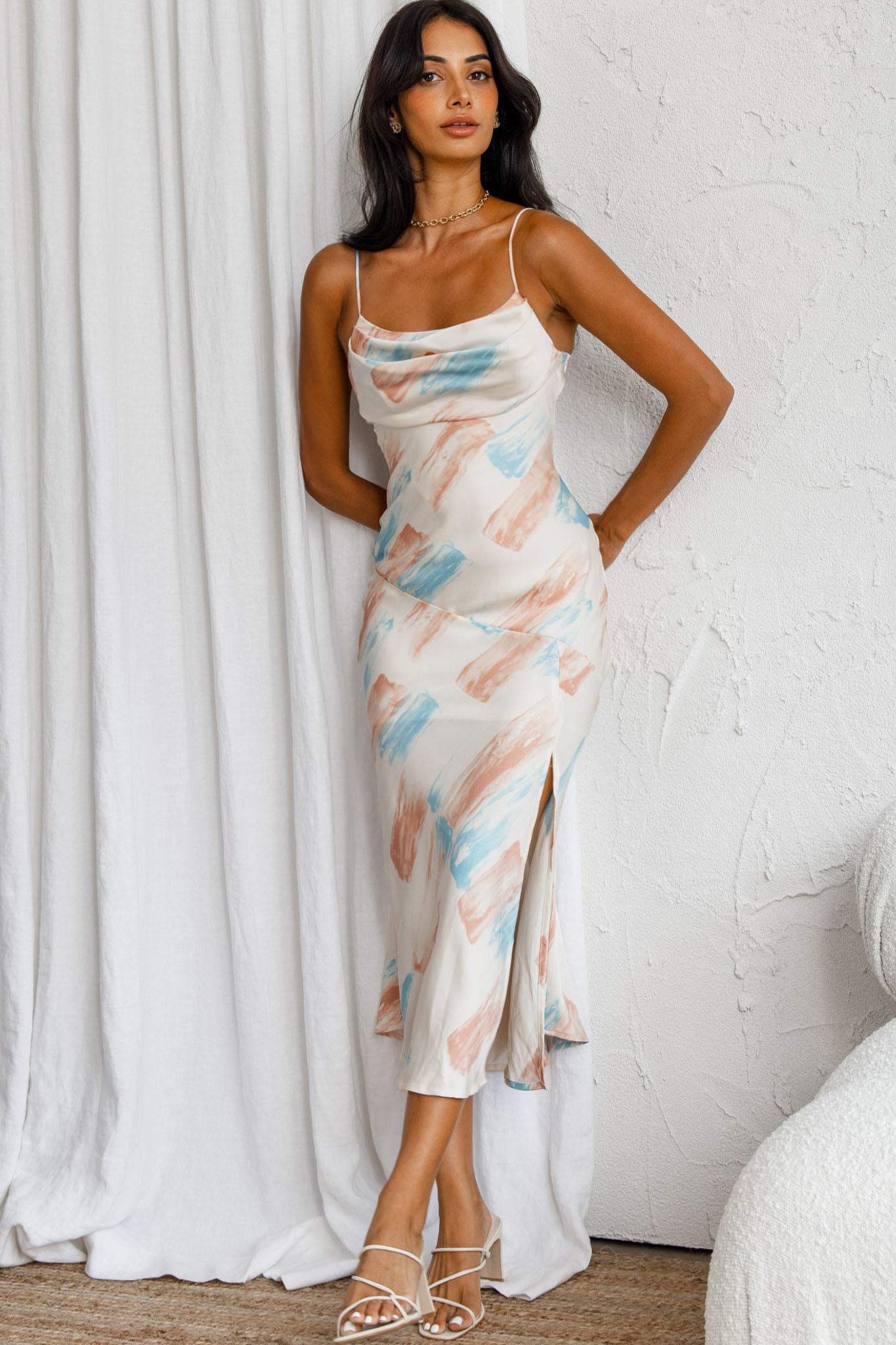 Well Versed Pleated Bust Front Split Dress Paint Print Pink/Aqua by Selfie Leslie
