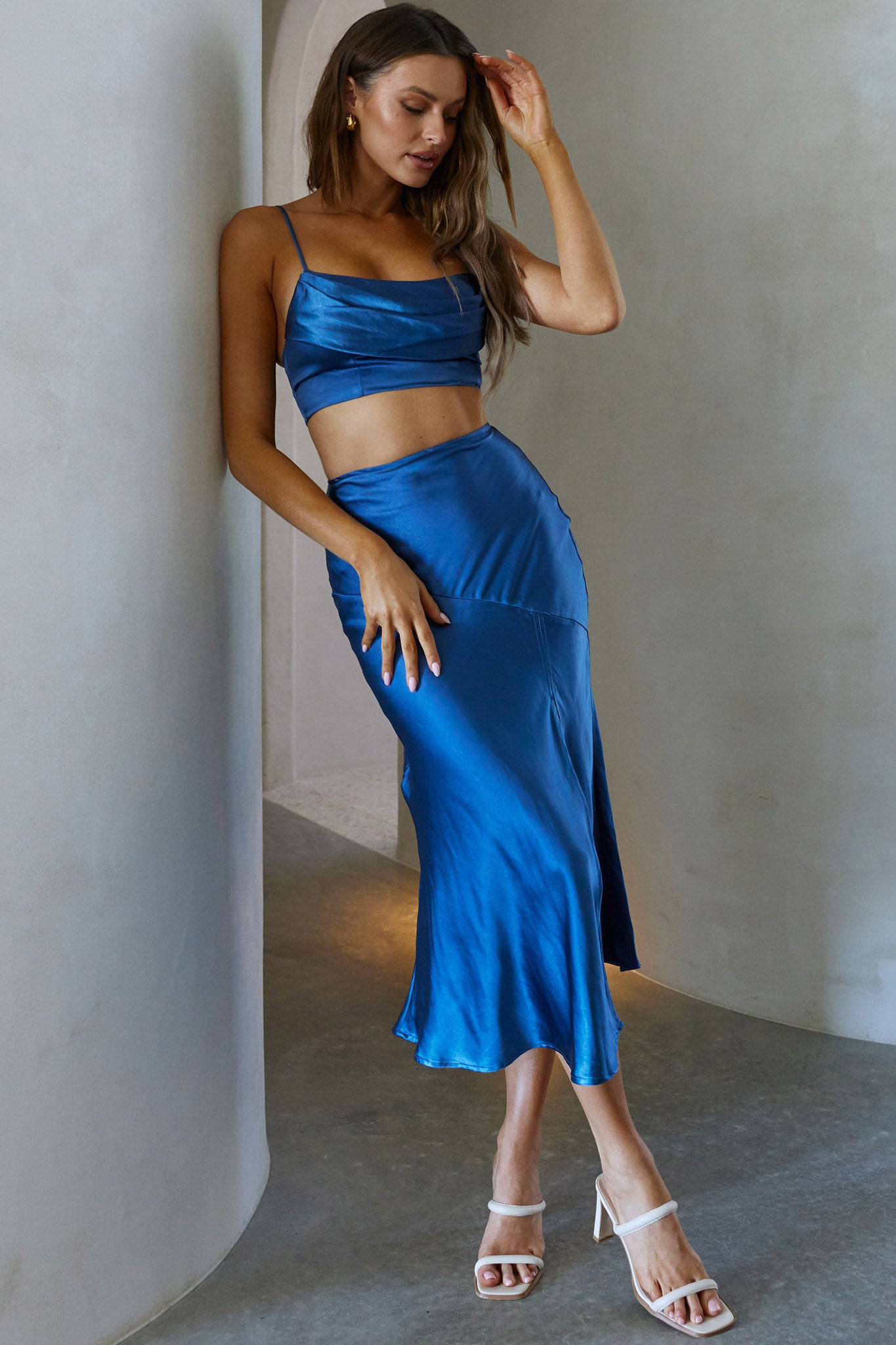 Well Versed Split Midi Skirt Navy by Selfie Leslie